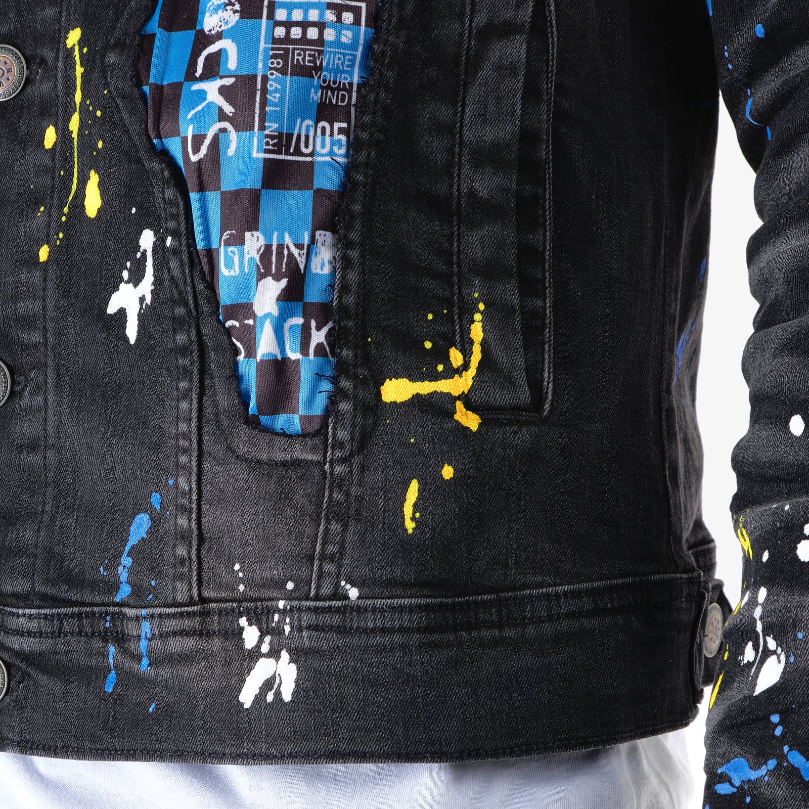 BLACK DENIM JACKET W/ CHECKER RIP & REPAIR