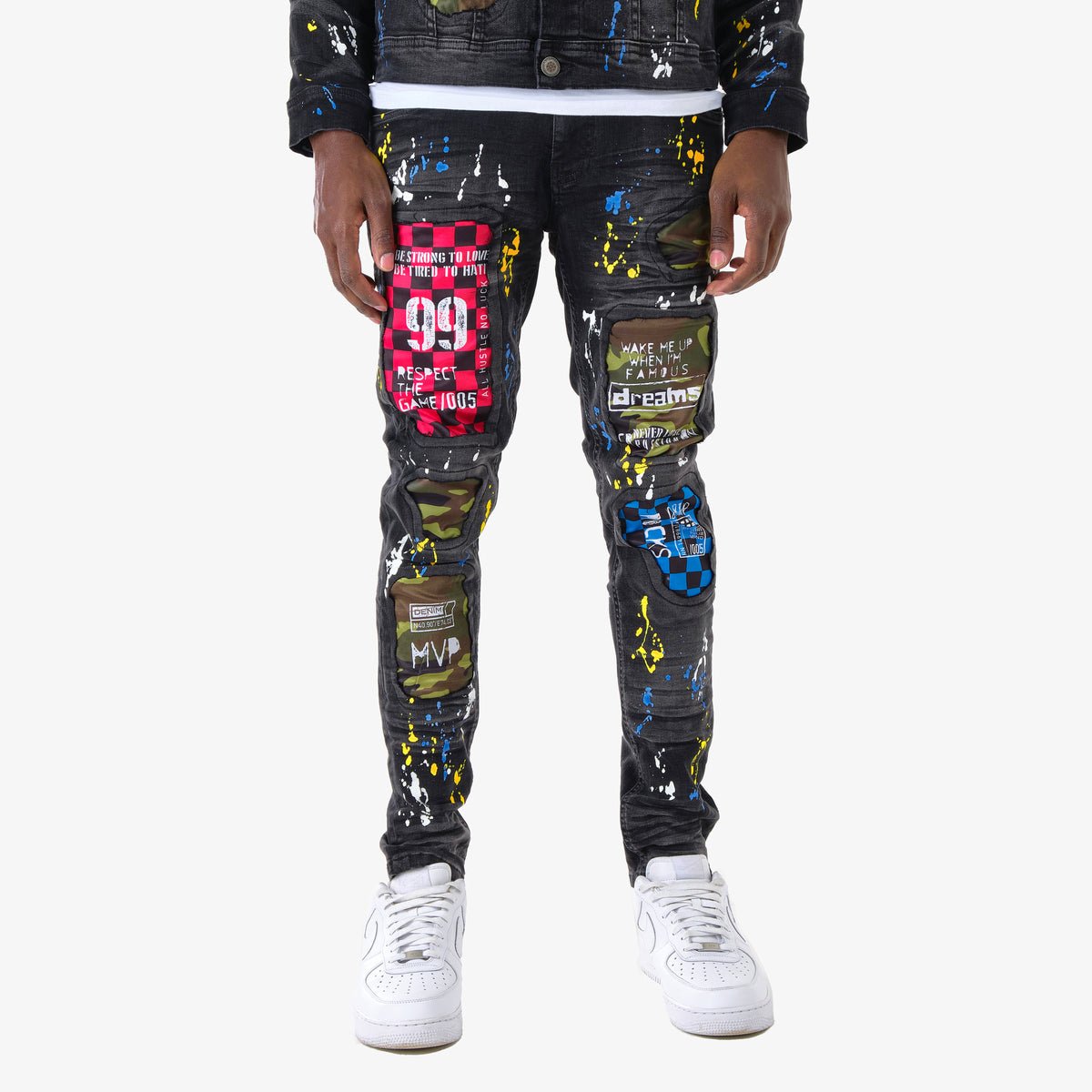 BLACK JEANS W/ CHECKERED & CAMO RIP & REPAIR