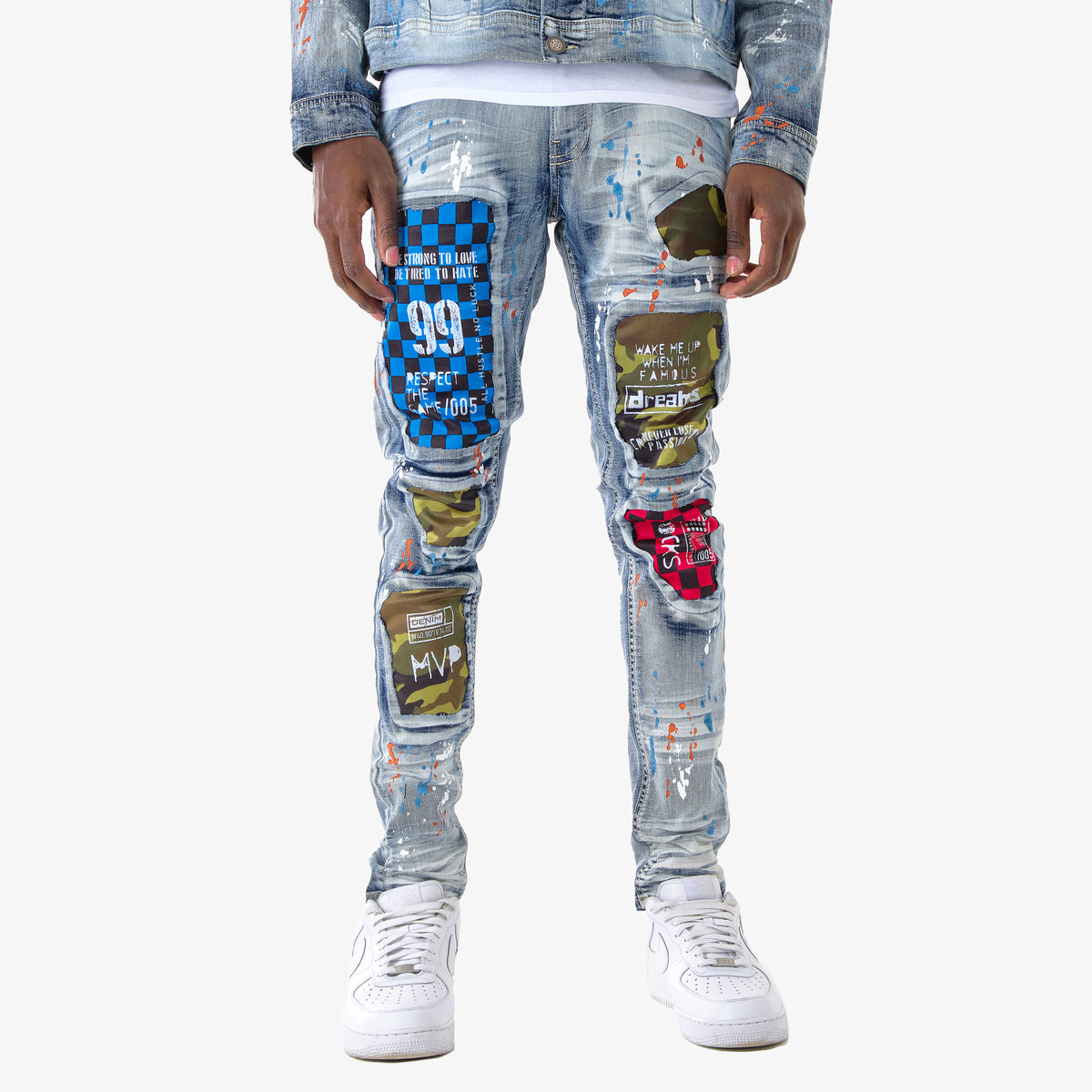 LIGHT SAND BLUE JEANS W/ CHECKERED & CAMO RIP & REPAIR