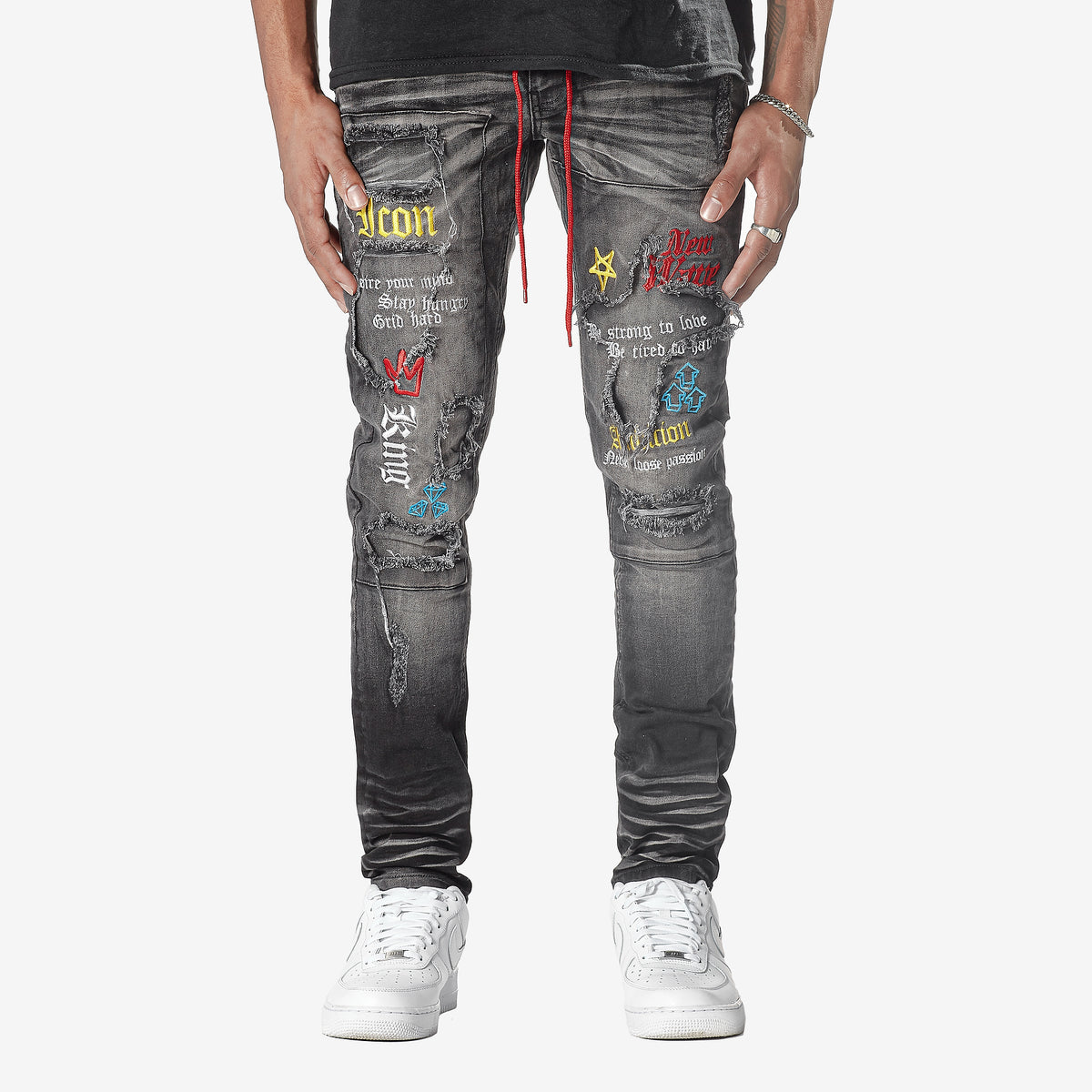 BLACK WASHED JEANS W/ COLOR EMBROIDERY & WAIST STRING - Copper Rivet