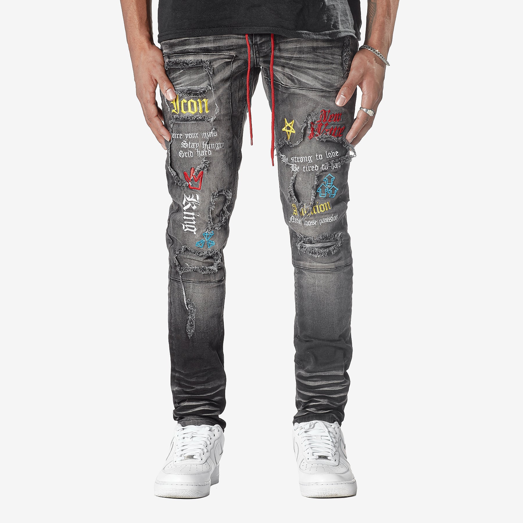 BLACK WASHED JEANS W/ COLOR EMBROIDERY & WAIST STRING - Copper Rivet