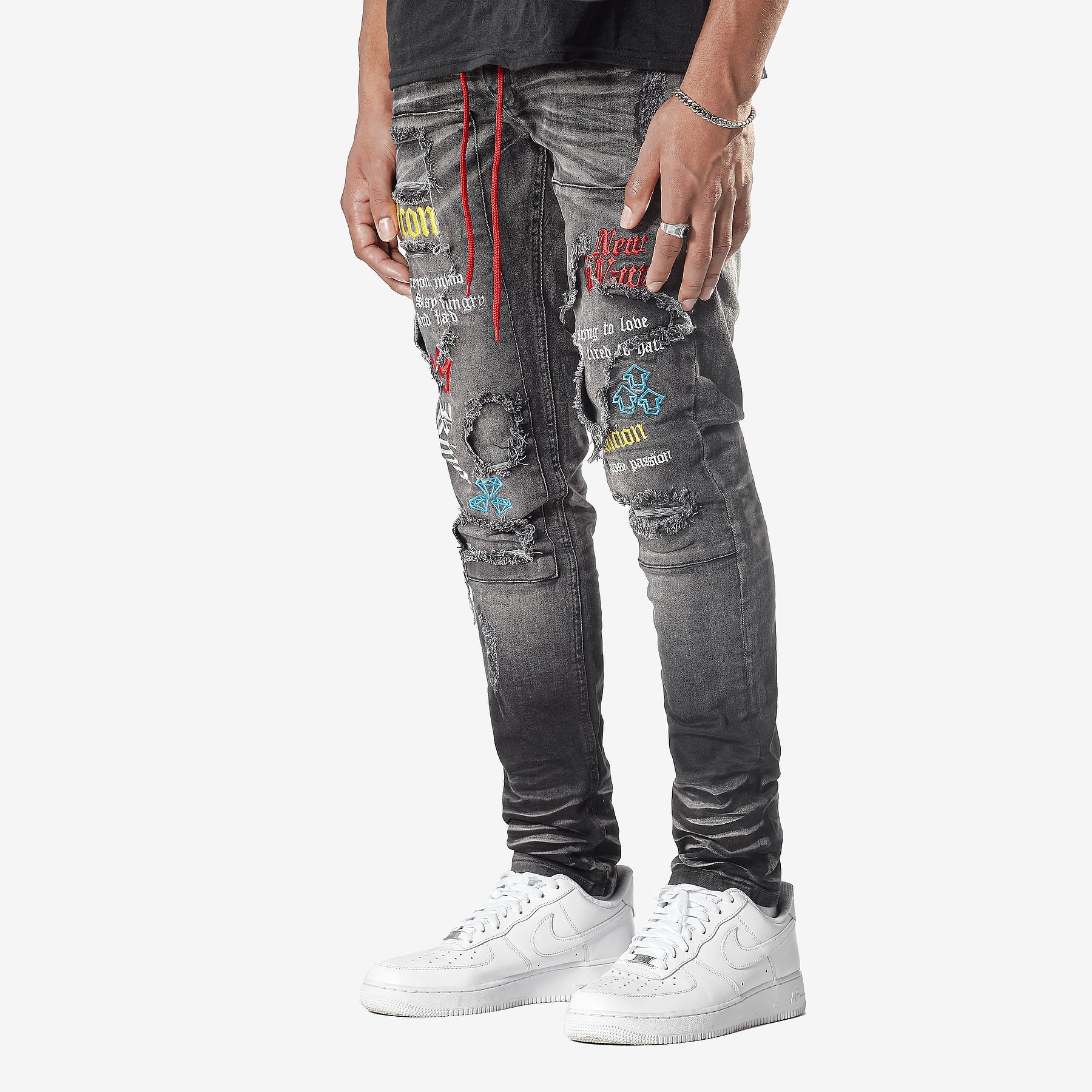 BLACK WASHED JEANS W/ COLOR EMBROIDERY & WAIST STRING - Copper Rivet