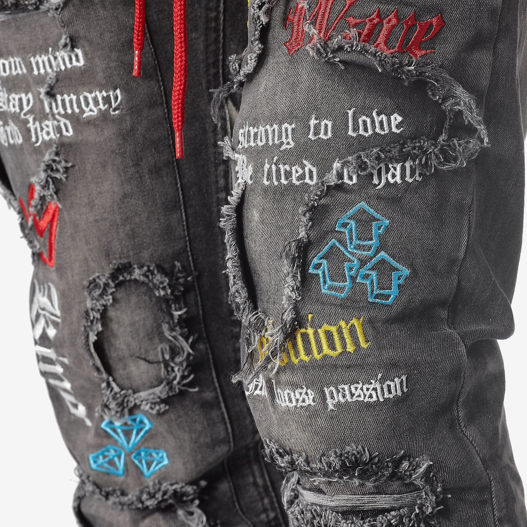 BLACK WASHED JEANS W/ COLOR EMBROIDERY & WAIST STRING - Copper Rivet