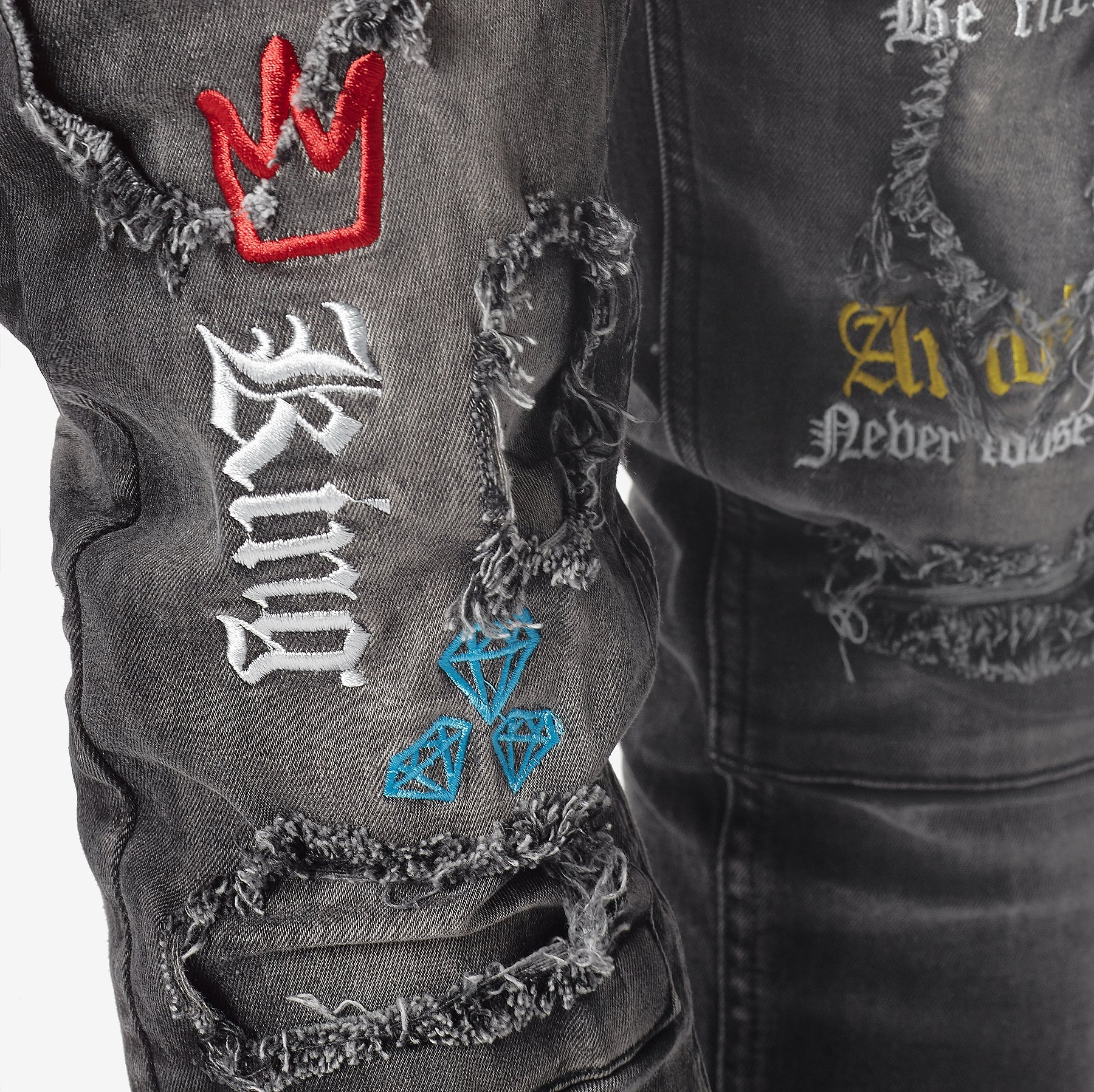BLACK WASHED JEANS W/ COLOR EMBROIDERY & WAIST STRING - Copper Rivet