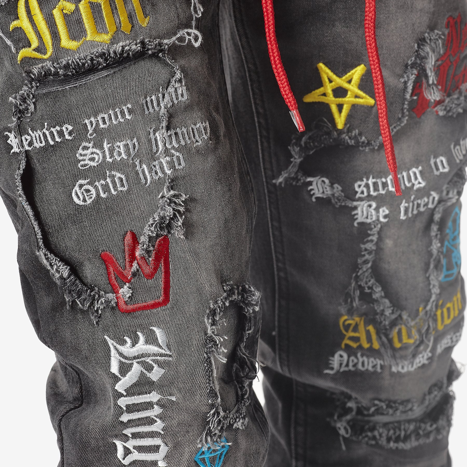 BLACK WASHED JEANS W/ COLOR EMBROIDERY & WAIST STRING - Copper Rivet