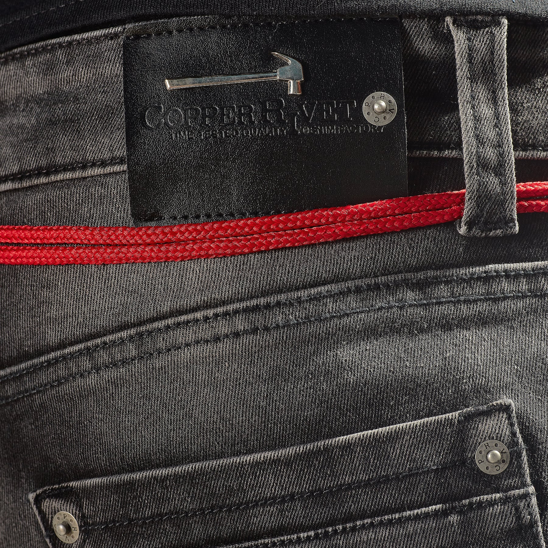 BLACK WASHED JEANS W/ COLOR EMBROIDERY & WAIST STRING - Copper Rivet