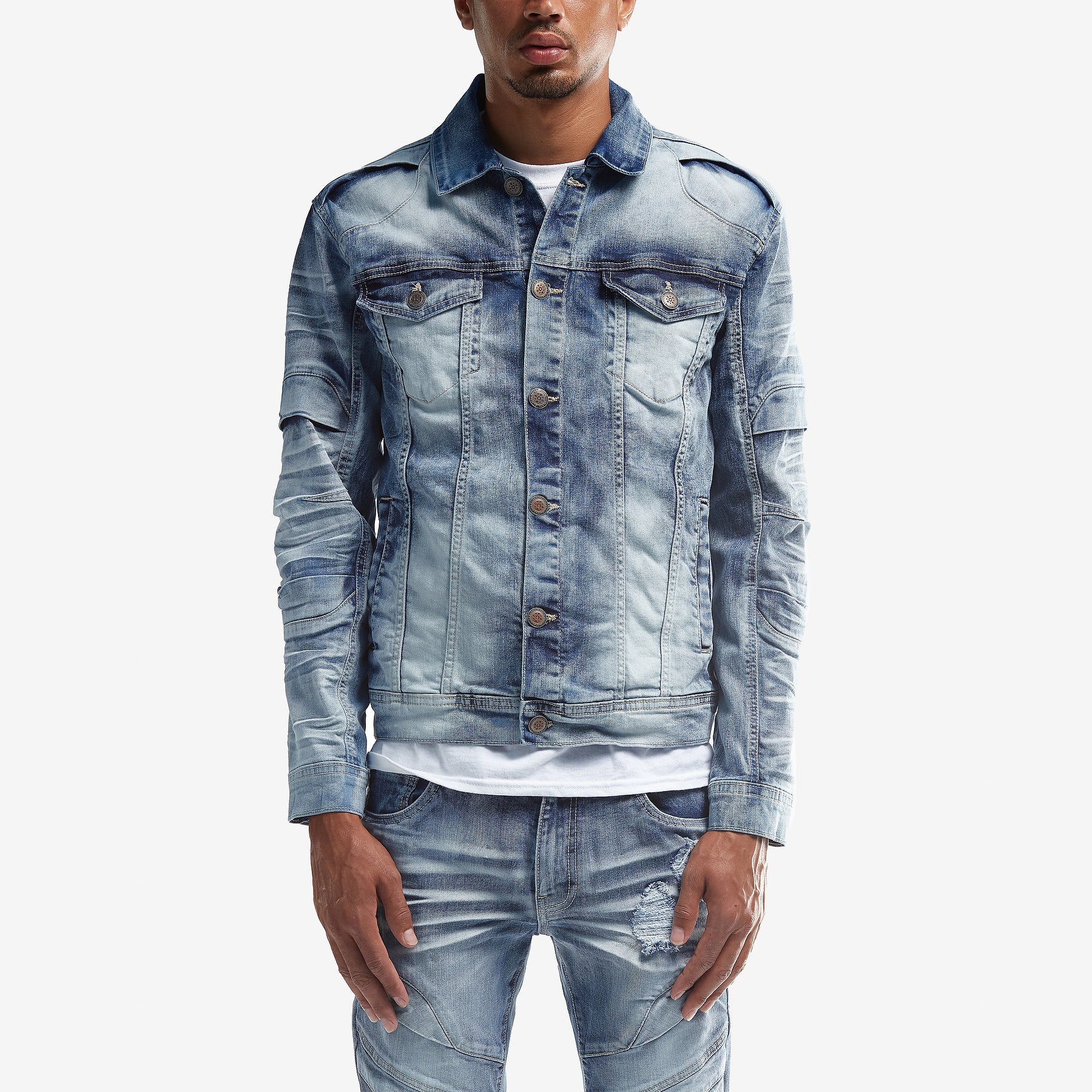 LIGHT SAND BLUE DENIM JACKET W/ FASHION CUTS - Copper Rivet