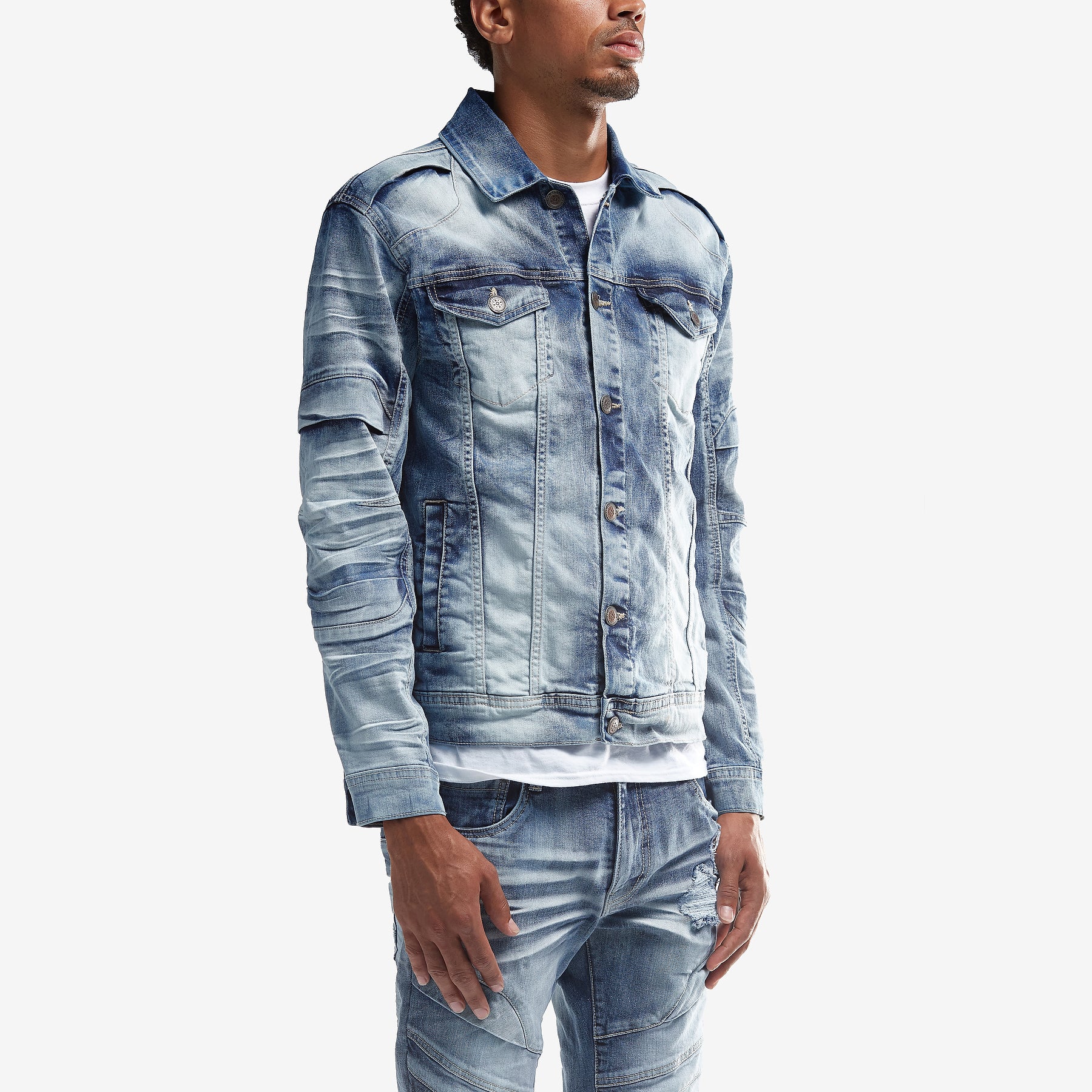 LIGHT SAND BLUE DENIM JACKET W/ FASHION CUTS - Copper Rivet