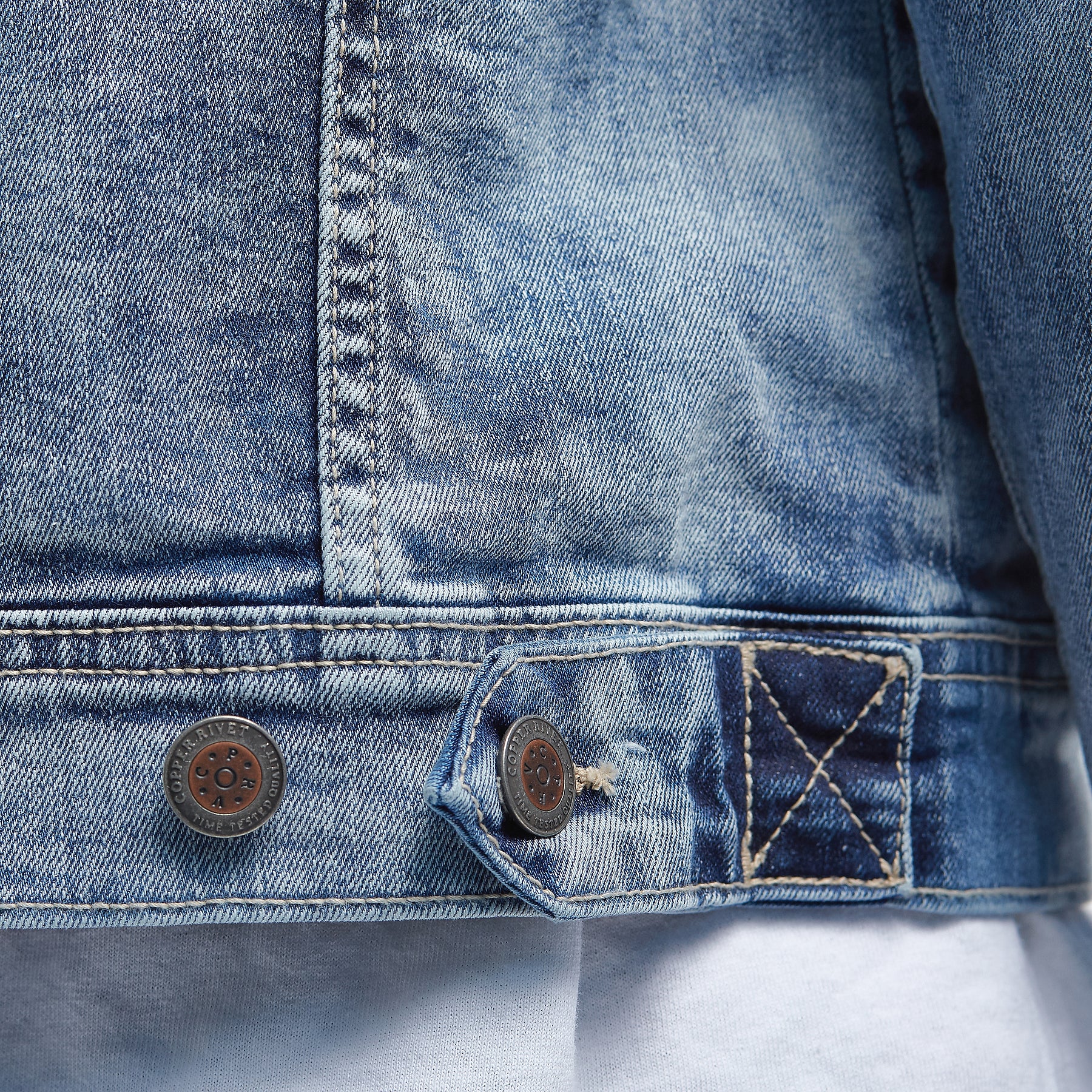 LIGHT SAND BLUE DENIM JACKET W/ FASHION CUTS - Copper Rivet