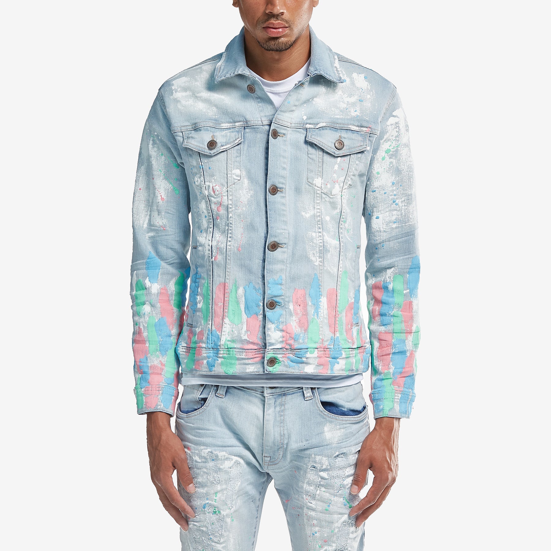 LIGHT BLUE DENIM JACKET W/ MULTI COLOR DETAIL - Copper Rivet