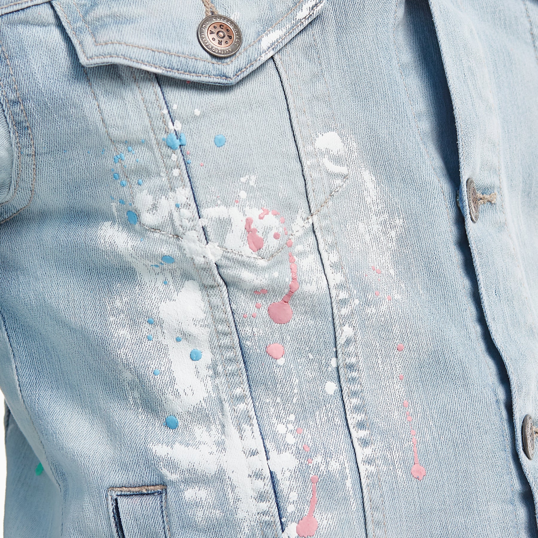 LIGHT BLUE DENIM JACKET W/ MULTI COLOR DETAIL - Copper Rivet