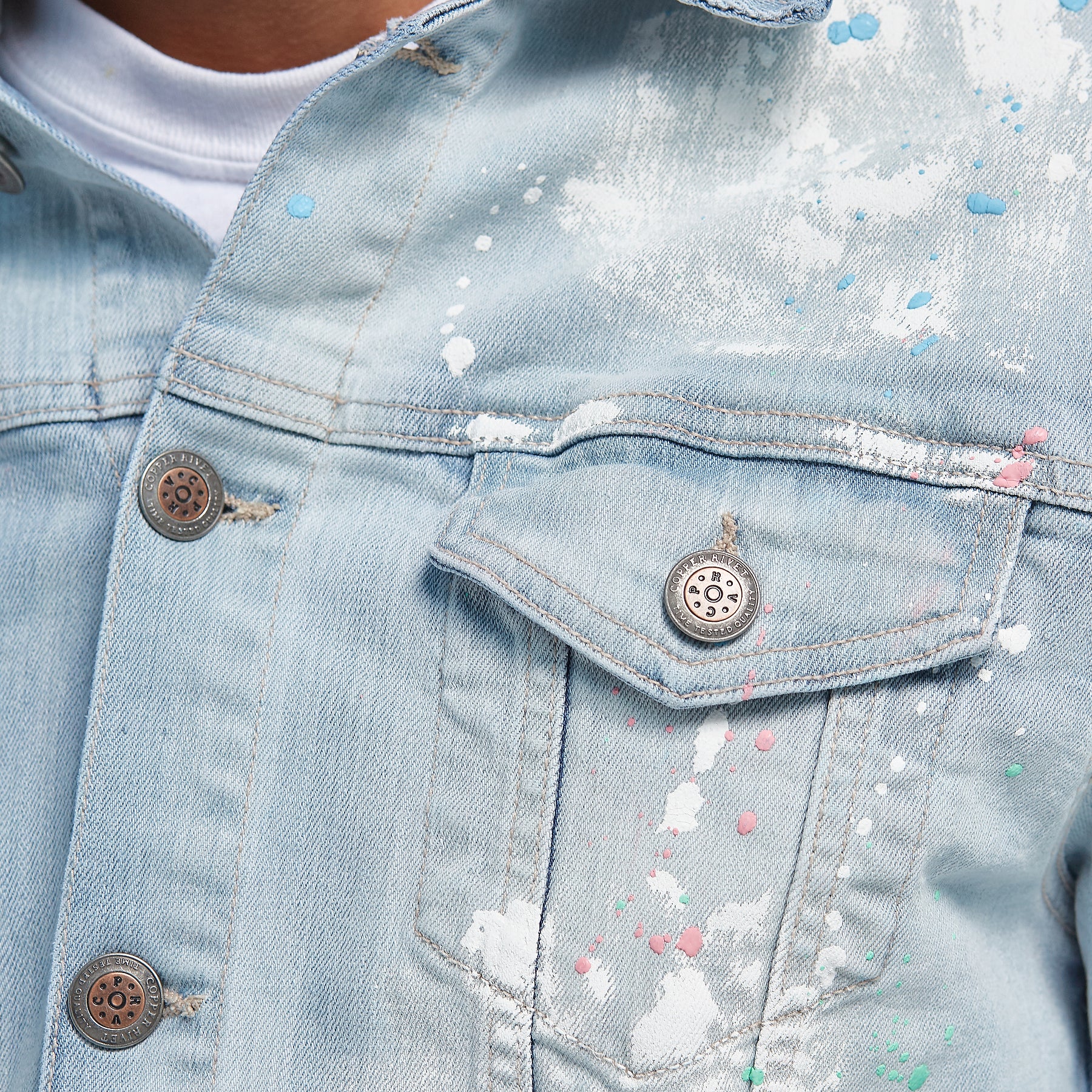 LIGHT BLUE DENIM JACKET W/ MULTI COLOR DETAIL - Copper Rivet