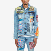 LIGHT BLUE DENIM JACKET W/ PATCH & FLAME PRINT - Copper Rivet