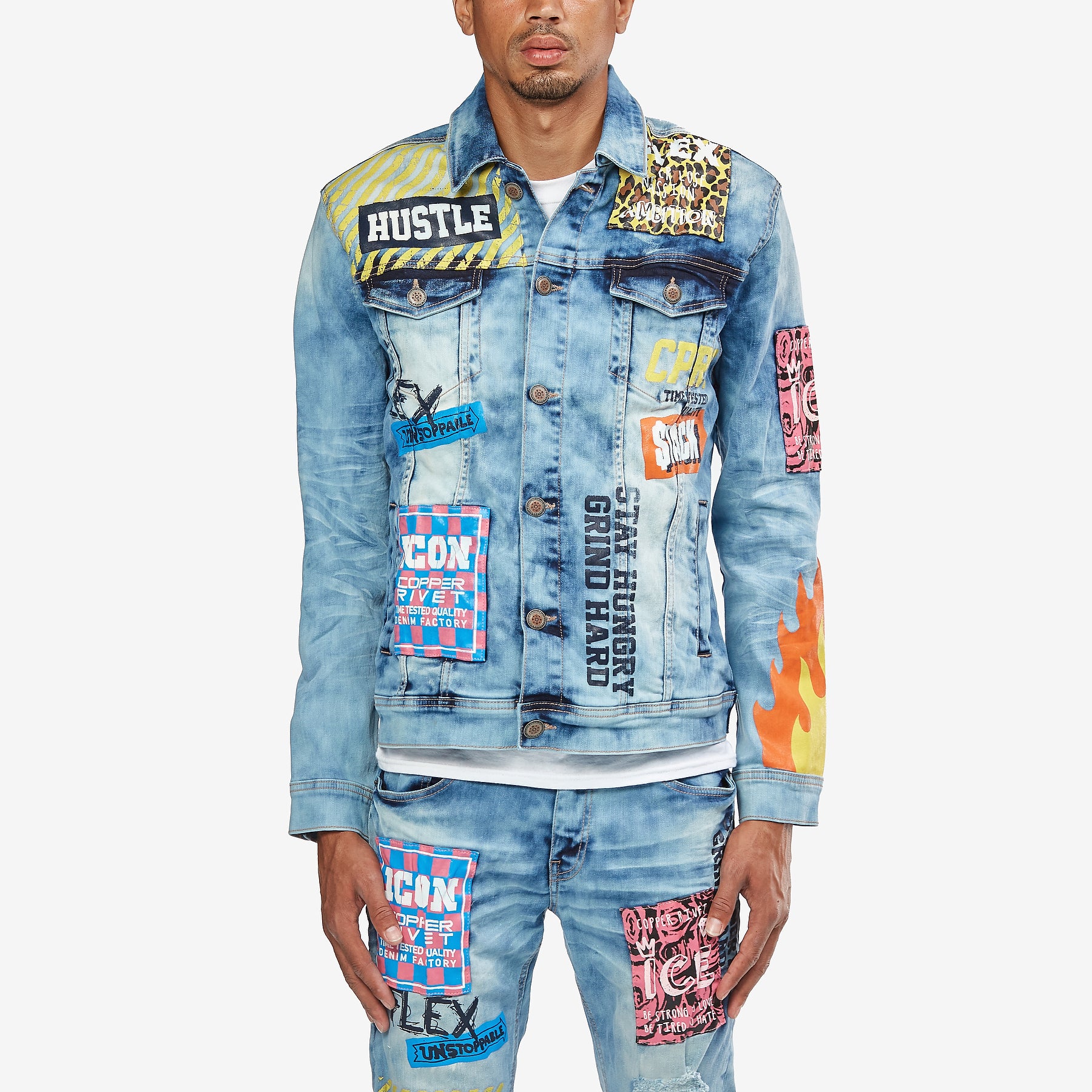 LIGHT BLUE DENIM JACKET W/ PATCH & FLAME PRINT - Copper Rivet
