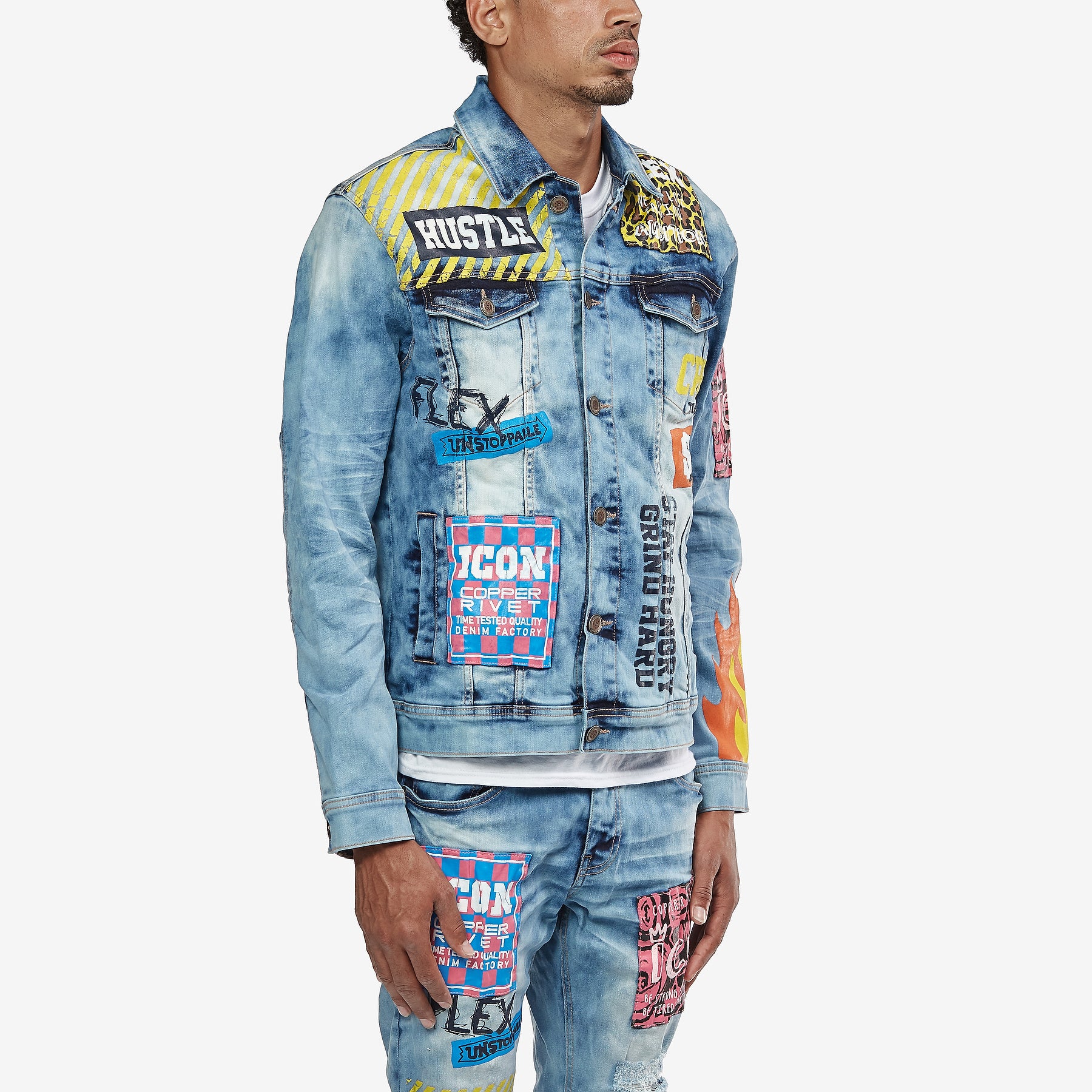 LIGHT BLUE DENIM JACKET W/ PATCH & FLAME PRINT - Copper Rivet