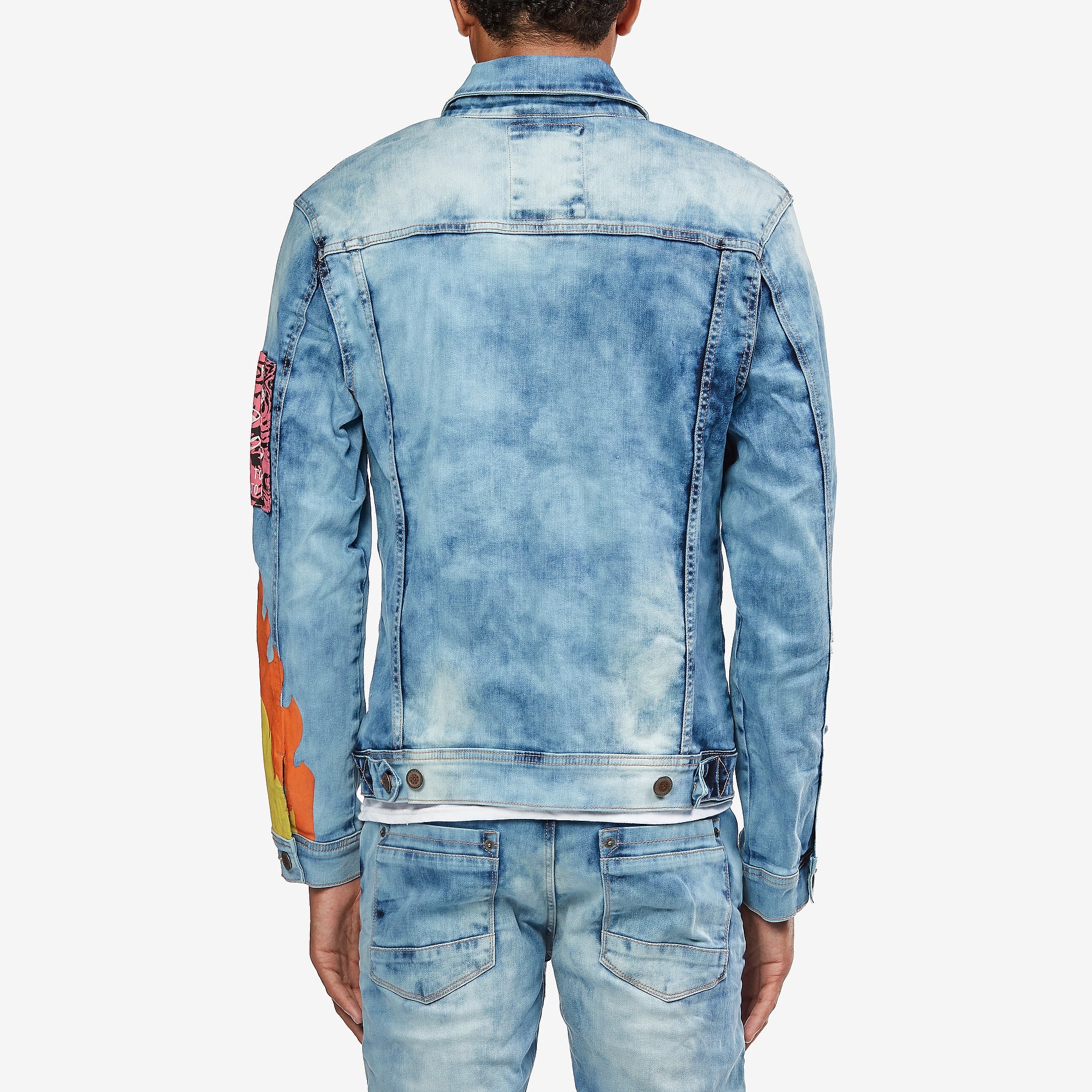 LIGHT BLUE DENIM JACKET W/ PATCH & FLAME PRINT - Copper Rivet