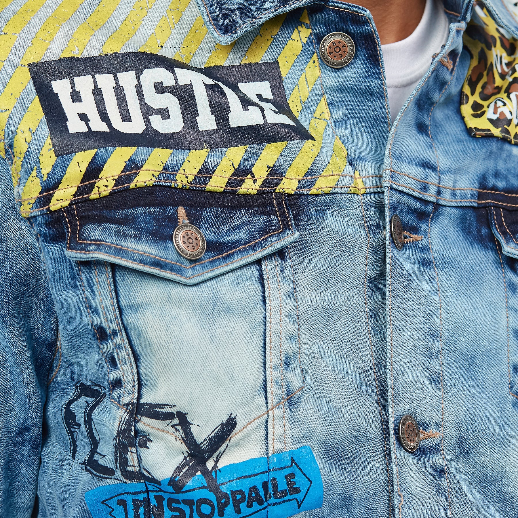 LIGHT BLUE DENIM JACKET W/ PATCH & FLAME PRINT - Copper Rivet
