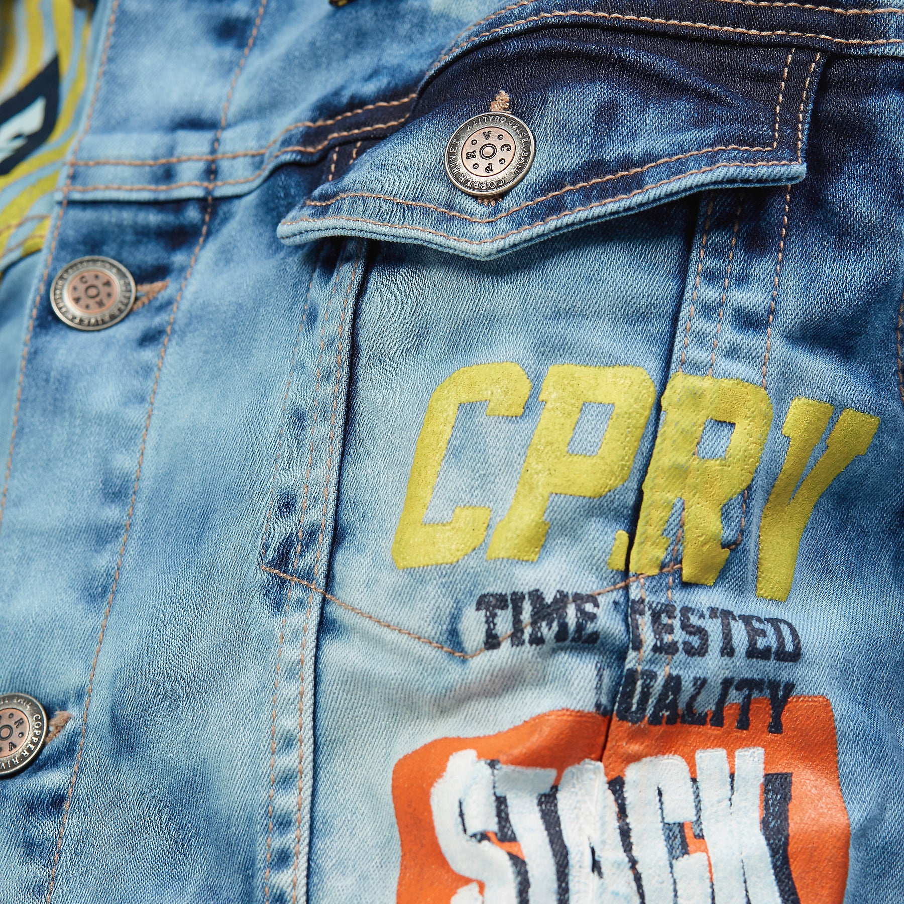 LIGHT BLUE DENIM JACKET W/ PATCH & FLAME PRINT - Copper Rivet