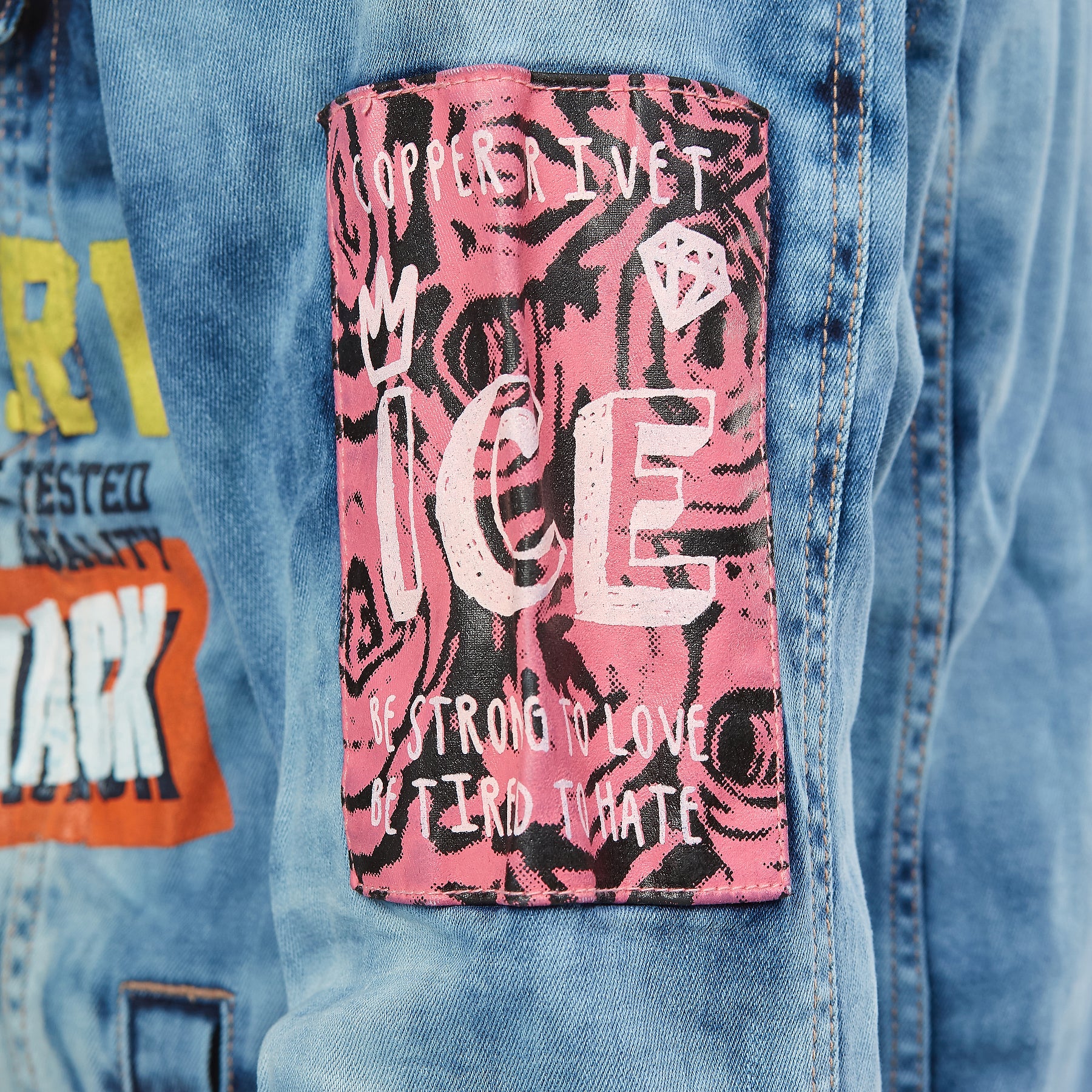 LIGHT BLUE DENIM JACKET W/ PATCH & FLAME PRINT - Copper Rivet