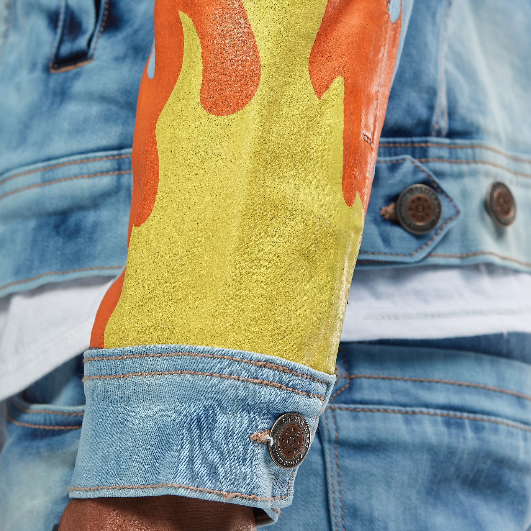 LIGHT BLUE DENIM JACKET W/ PATCH & FLAME PRINT - Copper Rivet