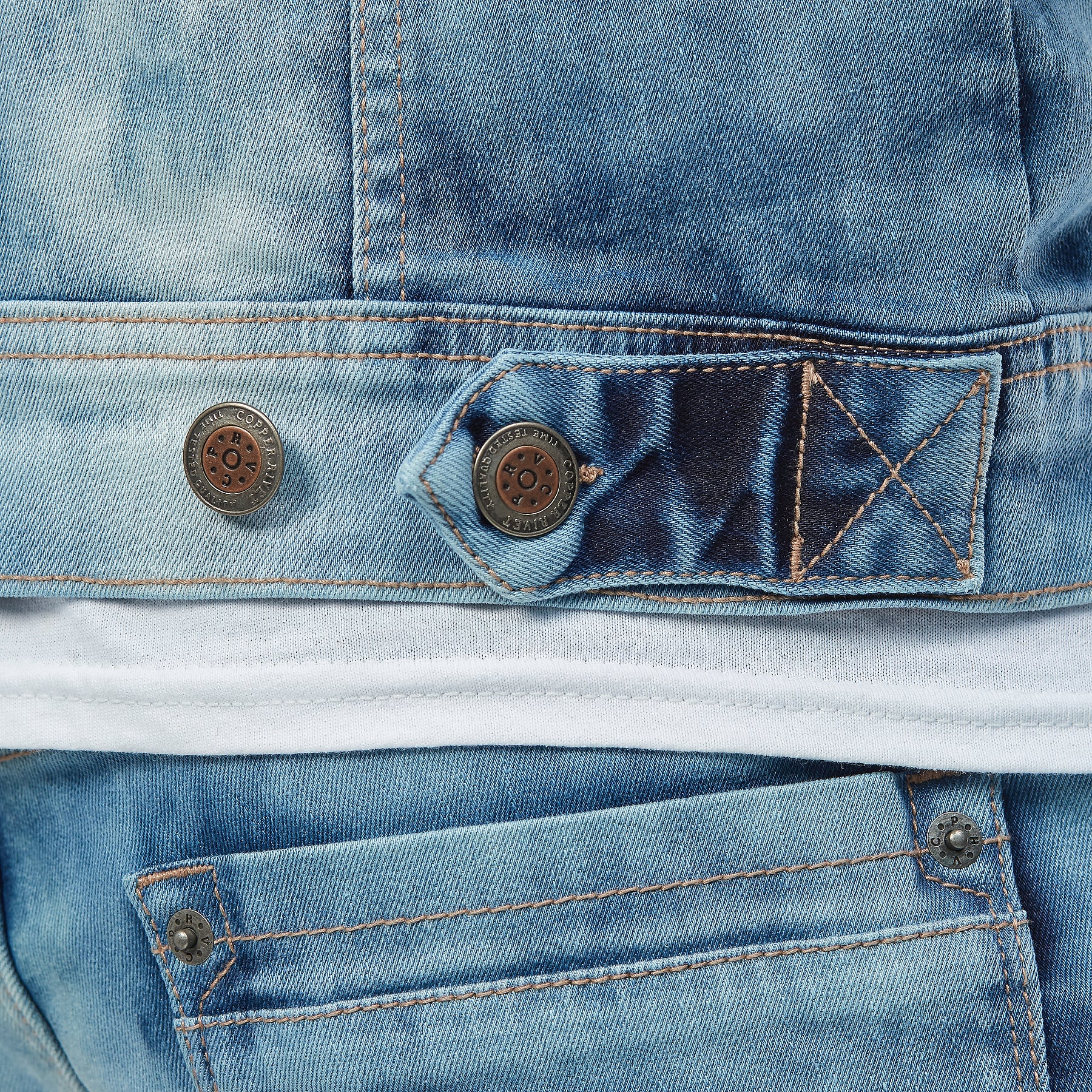 LIGHT BLUE DENIM JACKET W/ PATCH & FLAME PRINT - Copper Rivet