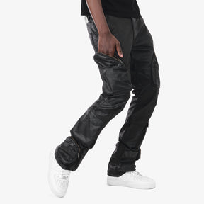 JET BLACK WAXED STACKED CARGO JEANS