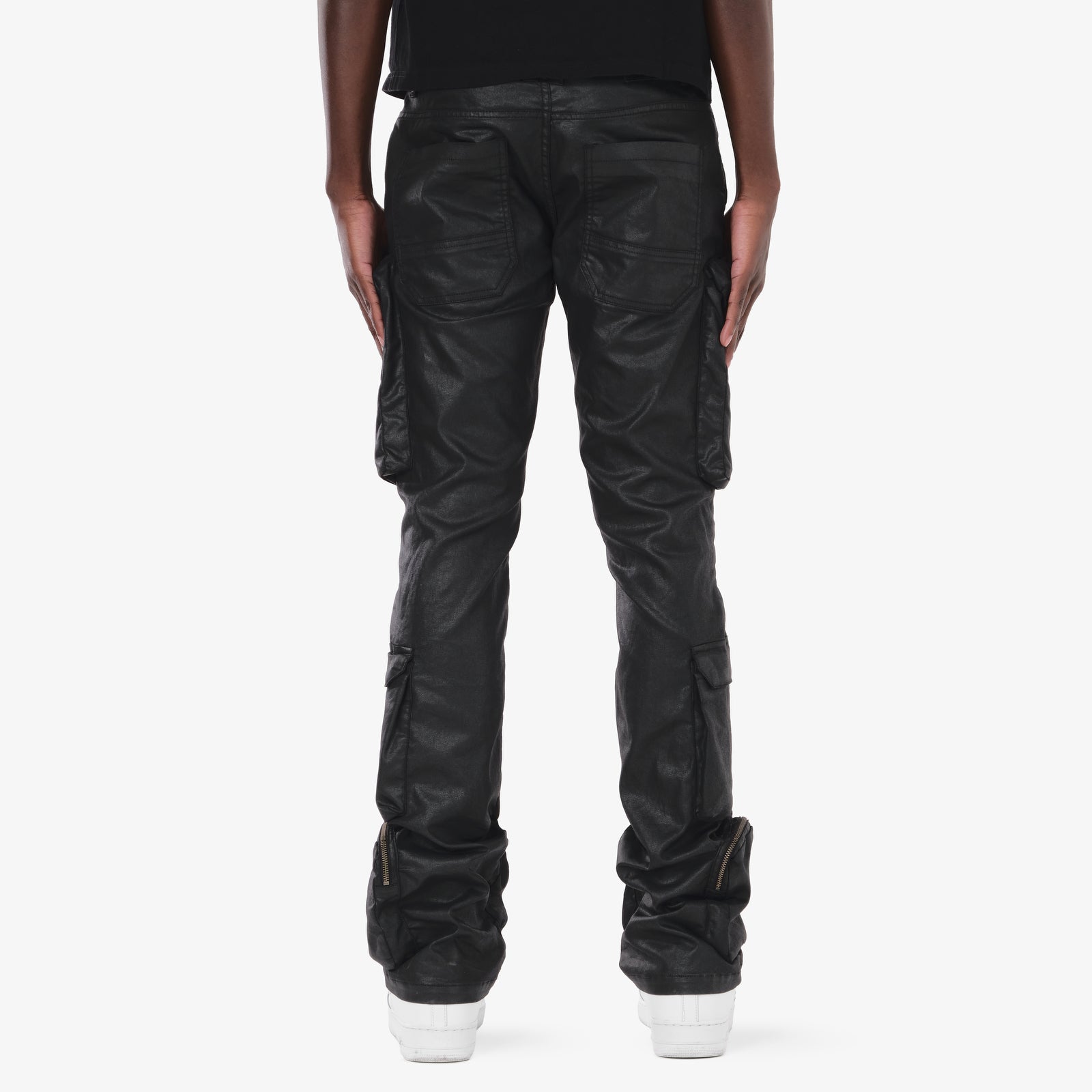 JET BLACK WAXED STACKED CARGO JEANS