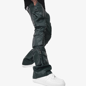 OLIVE WAXED STACKED CARGO JEANS