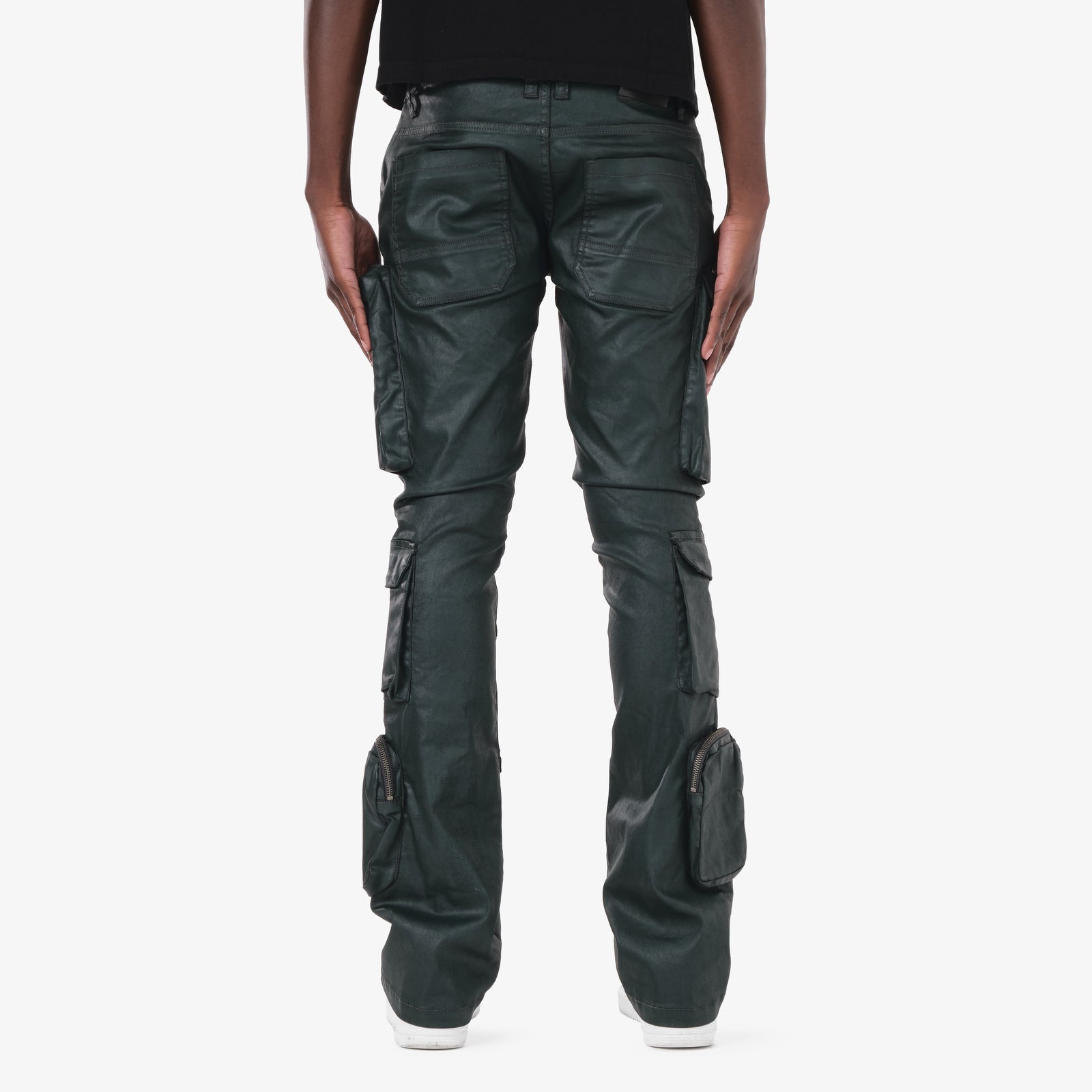OLIVE WAXED STACKED CARGO JEANS