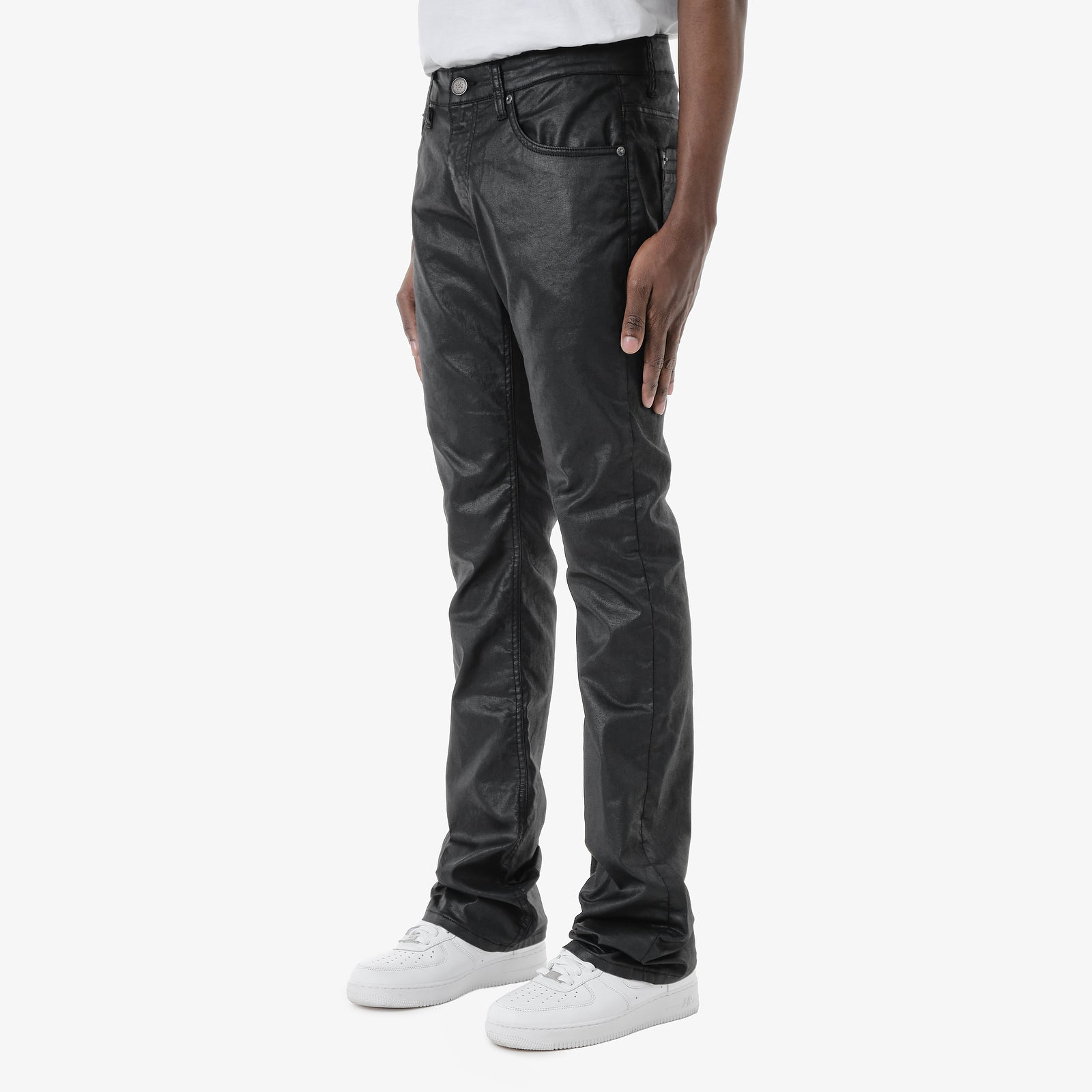 JET BLACK WAXED STACKED PANTS