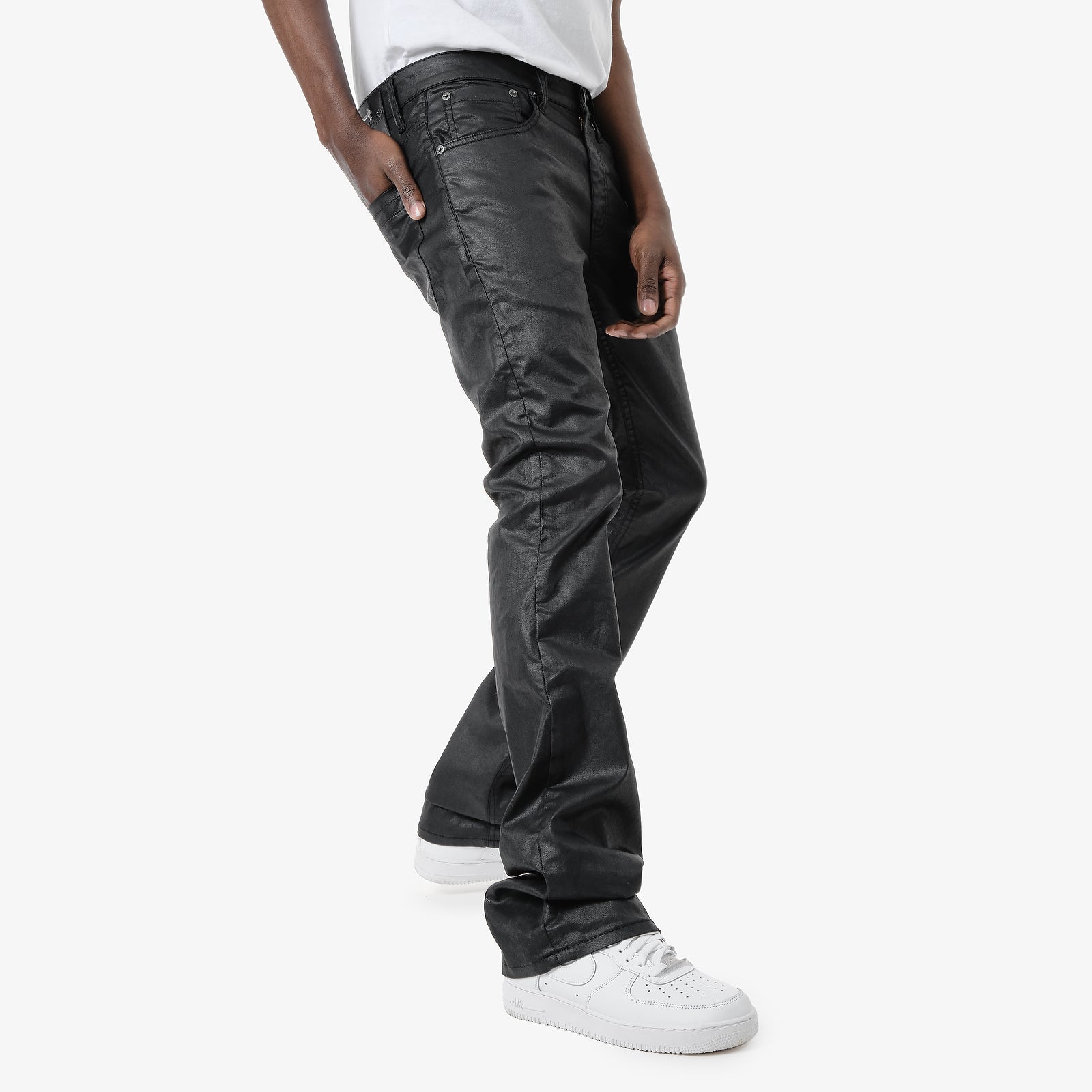 JET BLACK WAXED STACKED PANTS