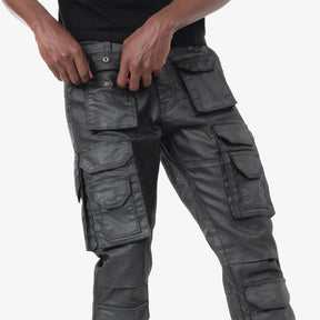 BLACK CARGO WAX COATED JEANS