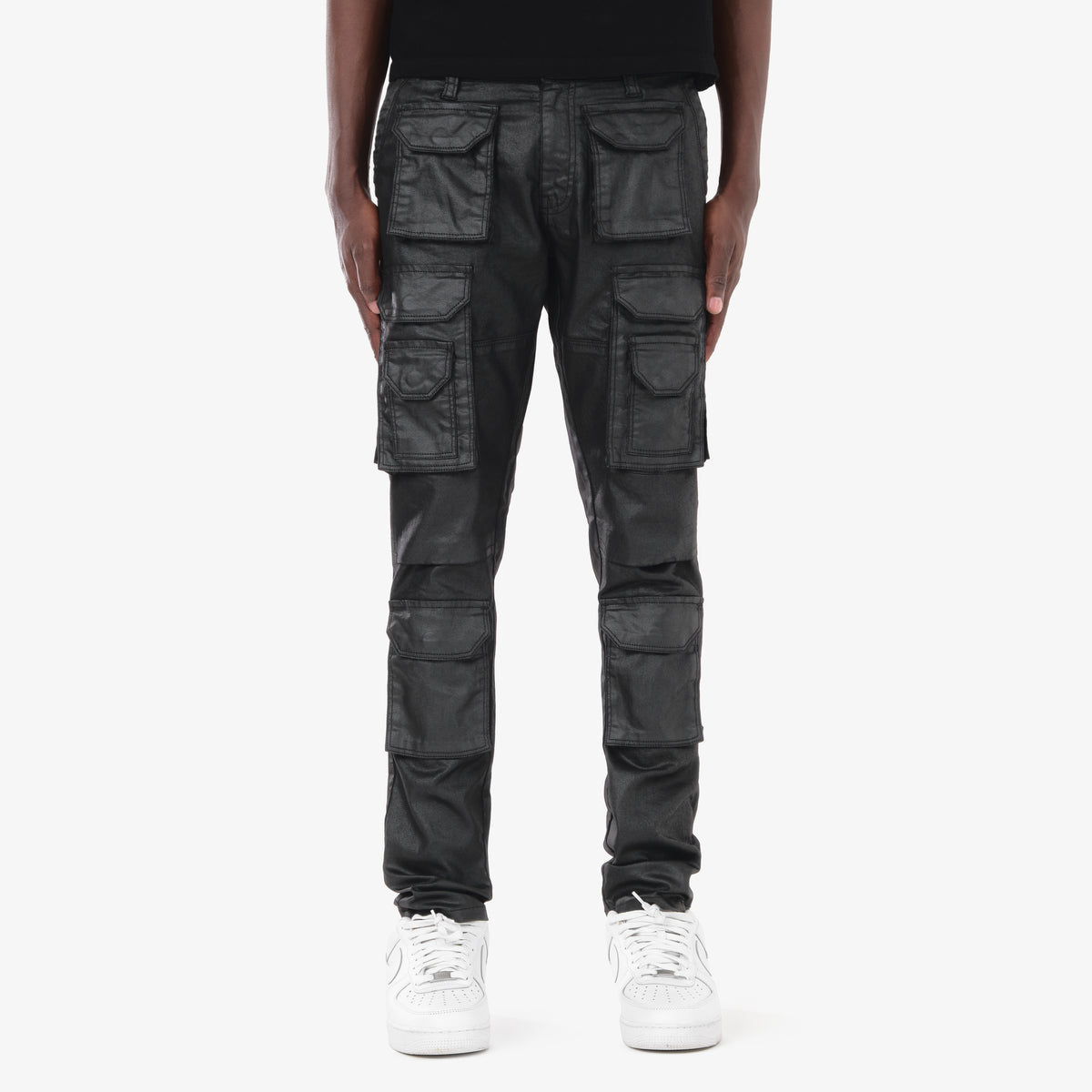 BLACK CARGO WAX COATED JEANS