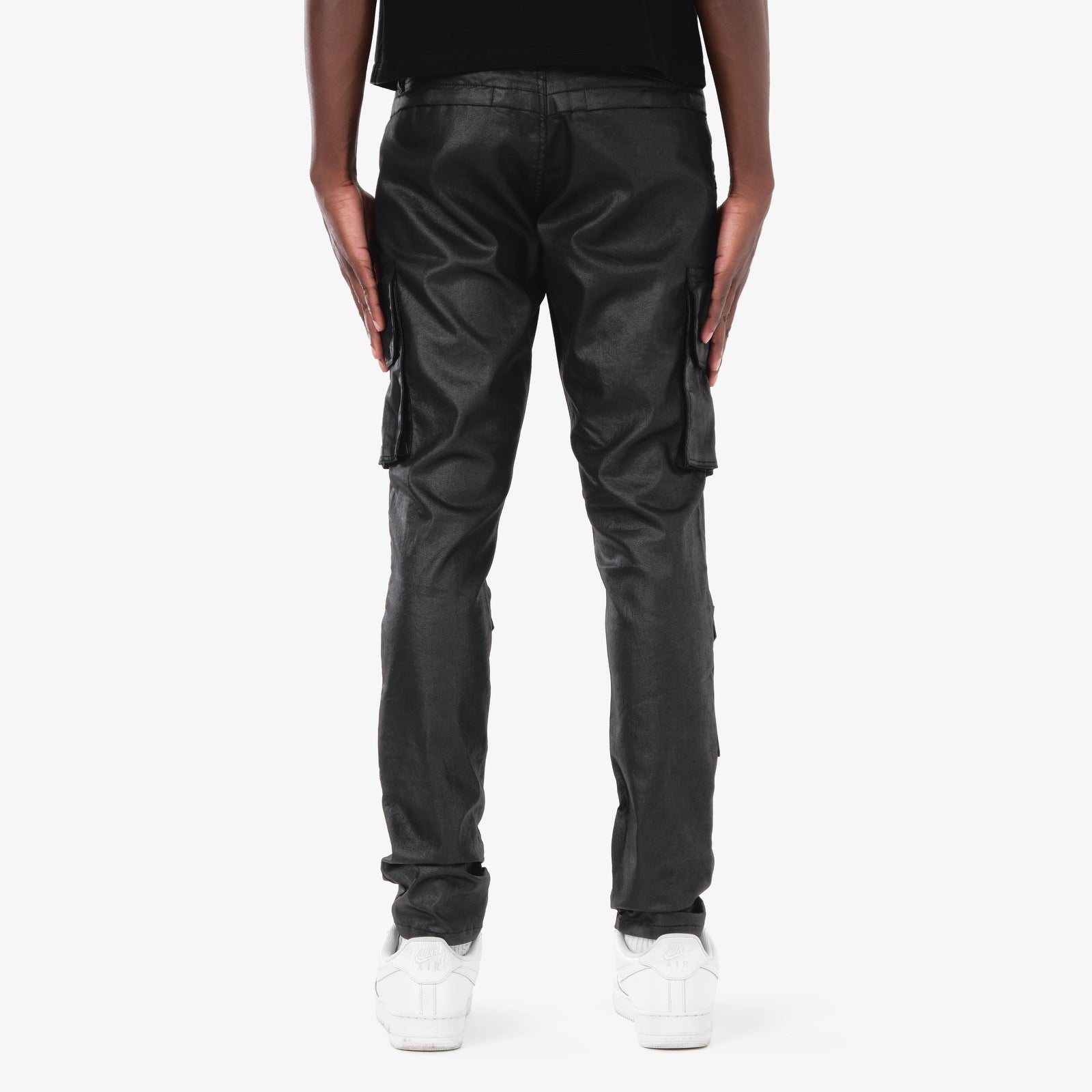 BLACK CARGO WAX COATED JEANS