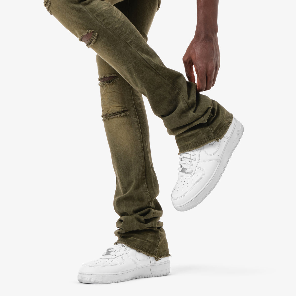 OLIVE STACKED JEANS W/ SUPER STRETCH