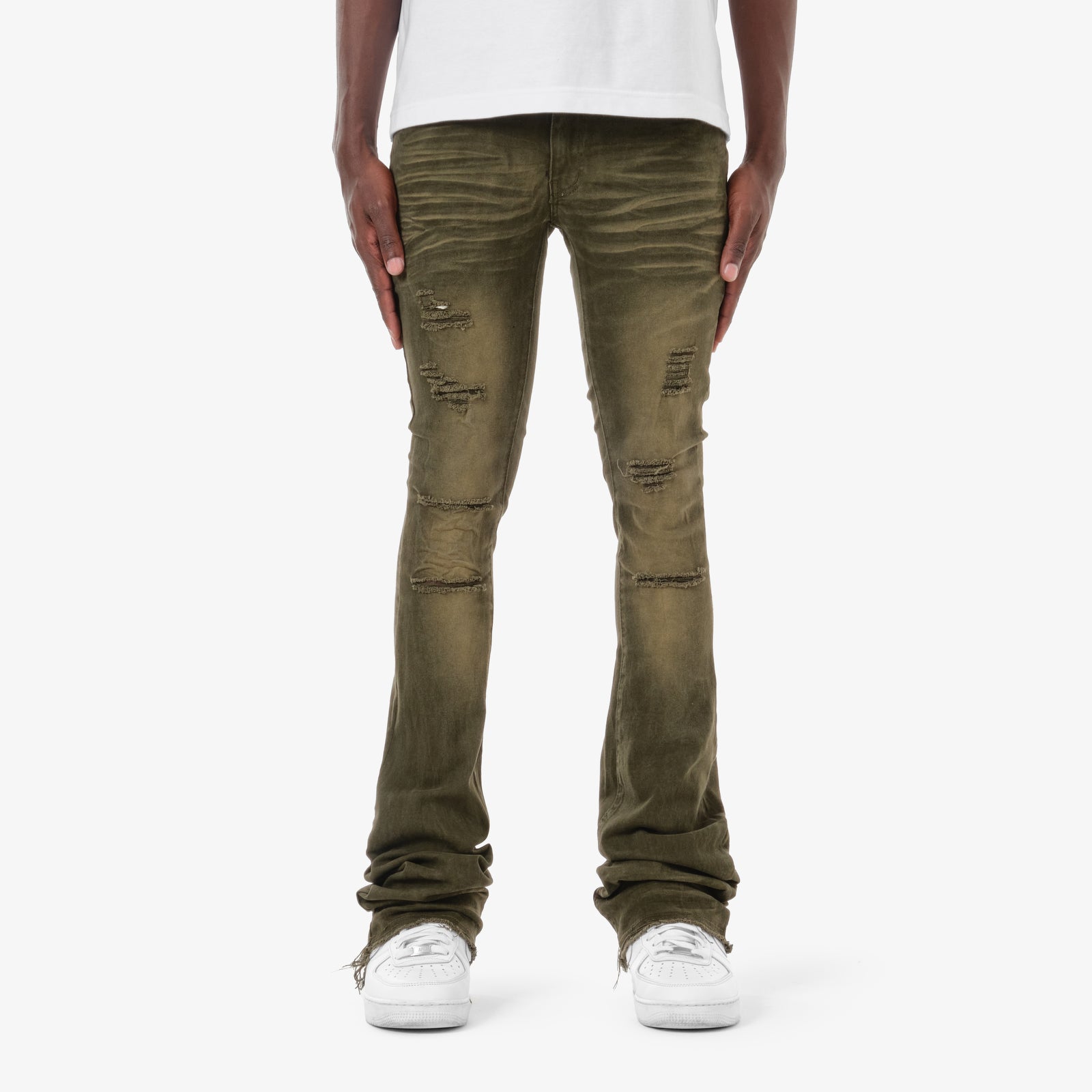 OLIVE STACKED JEANS W/ SUPER STRETCH