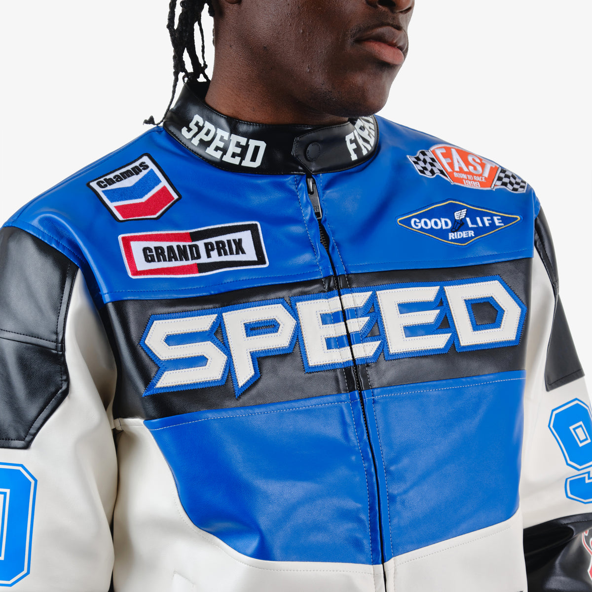 BLUE MOTO RACING LEATHER JACKET