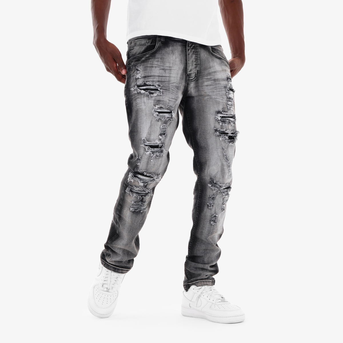 BLACK SAND TINT RIP & REPAIR JEANS