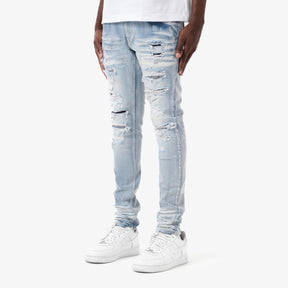 LIGHT SAND BLUE RIP & REPAIR JEANS