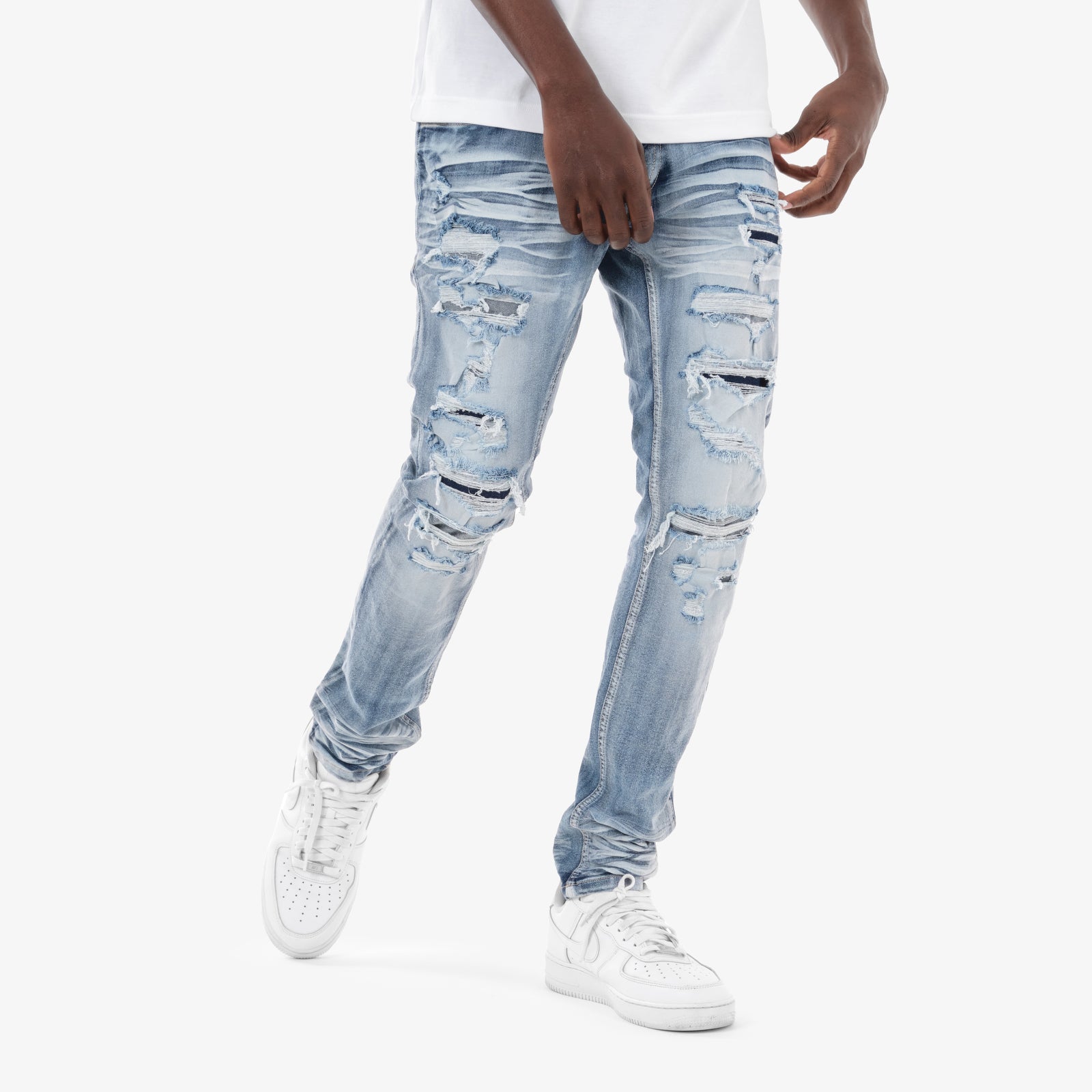 LIGHT SAND BLUE RIP & REPAIR JEANS