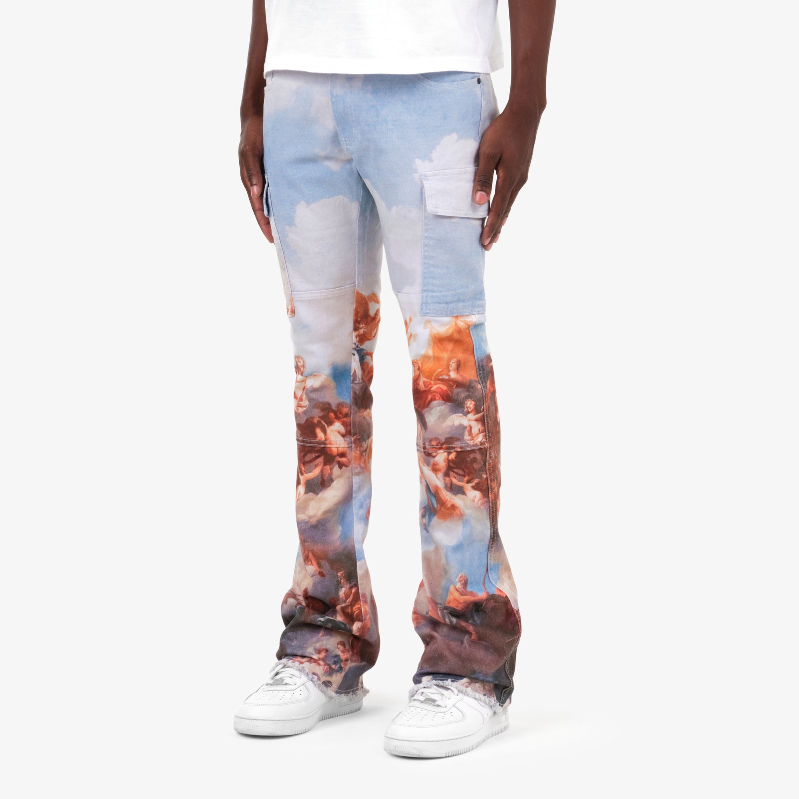 STACKED ANGEL PRINT CARGO PANTS