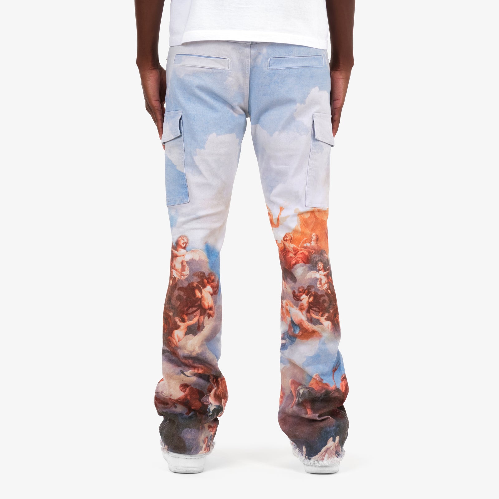 STACKED ANGEL PRINT CARGO PANTS