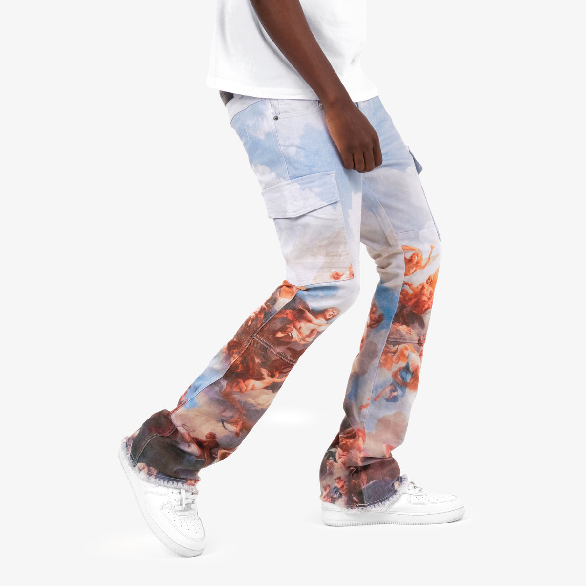 STACKED ANGEL PRINT CARGO PANTS