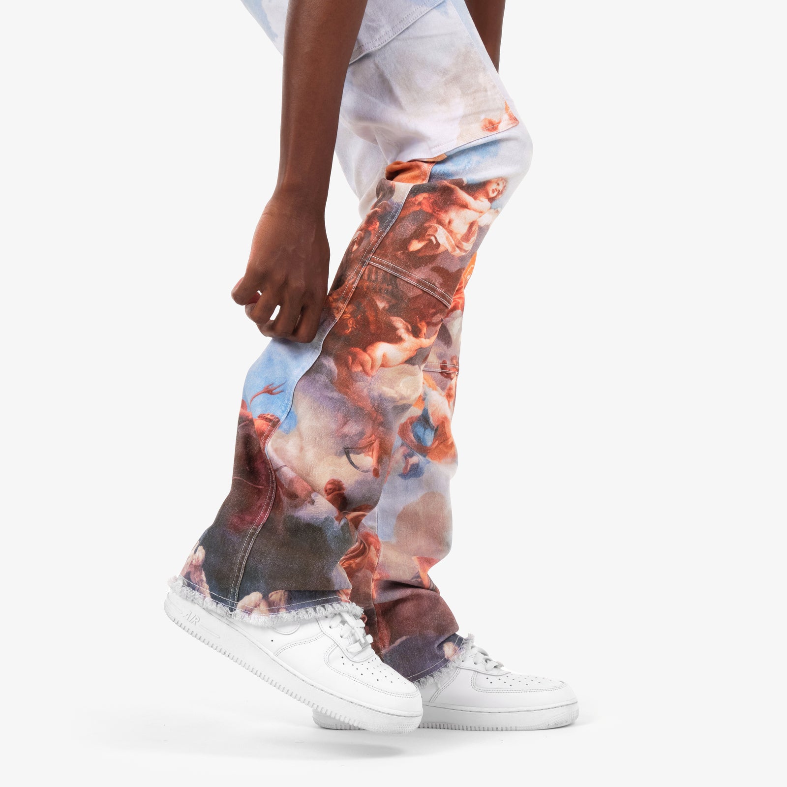 STACKED ANGEL PRINT CARGO PANTS