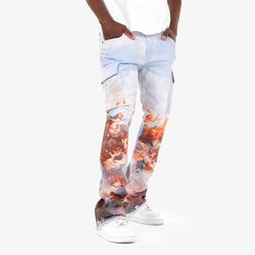 STACKED ANGEL PRINT CARGO PANTS