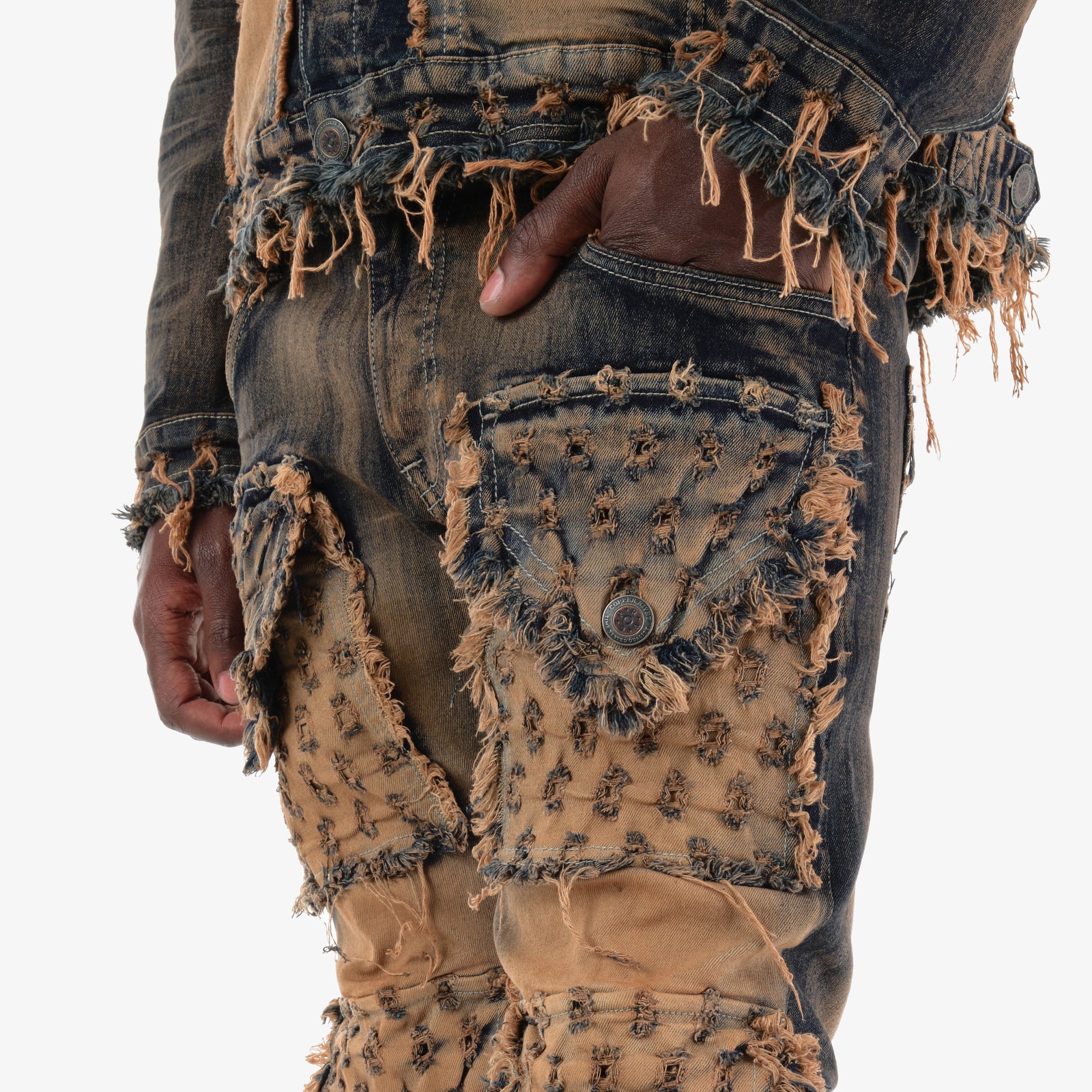 VINTAGE WASHED DISTRESSED FRAY CARGO STACKED JEANS