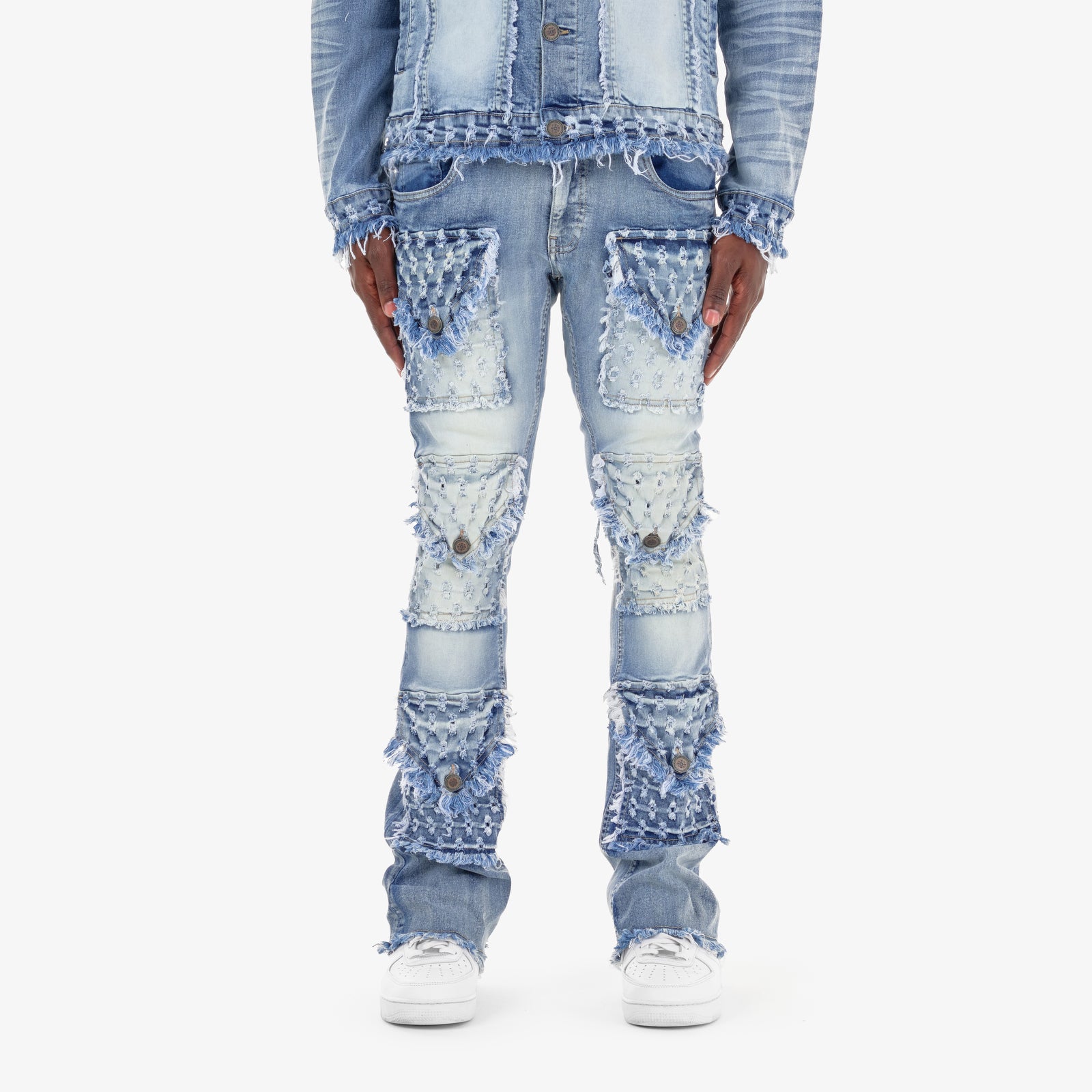 LIGHT BLUE DISTRESSED FRAY CARGO STACKED JEANS