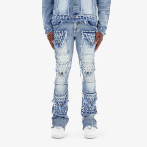 LIGHT BLUE DISTRESSED FRAY CARGO STACKED JEANS