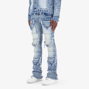 LIGHT BLUE DISTRESSED FRAY CARGO STACKED JEANS