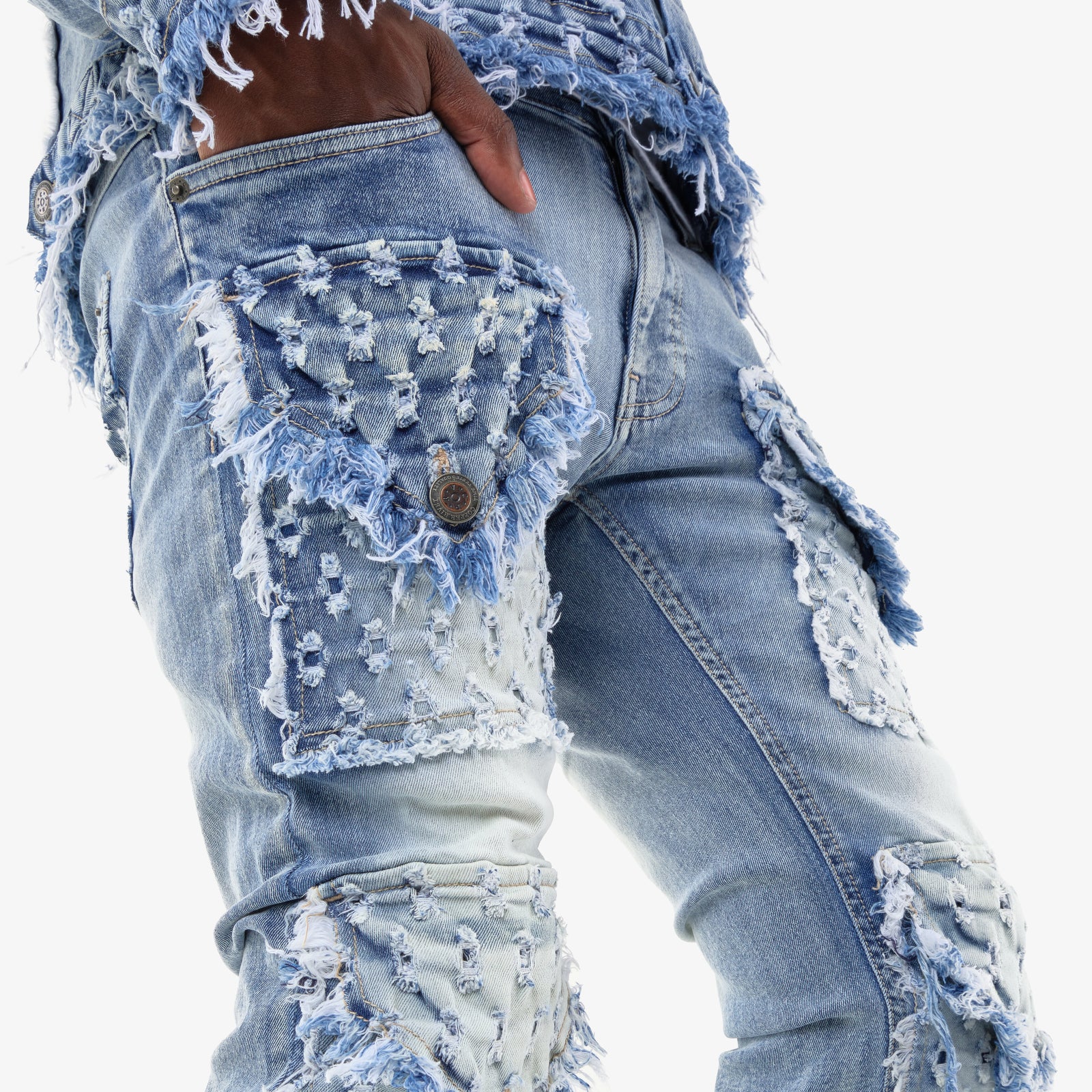 LIGHT BLUE DISTRESSED FRAY CARGO STACKED JEANS